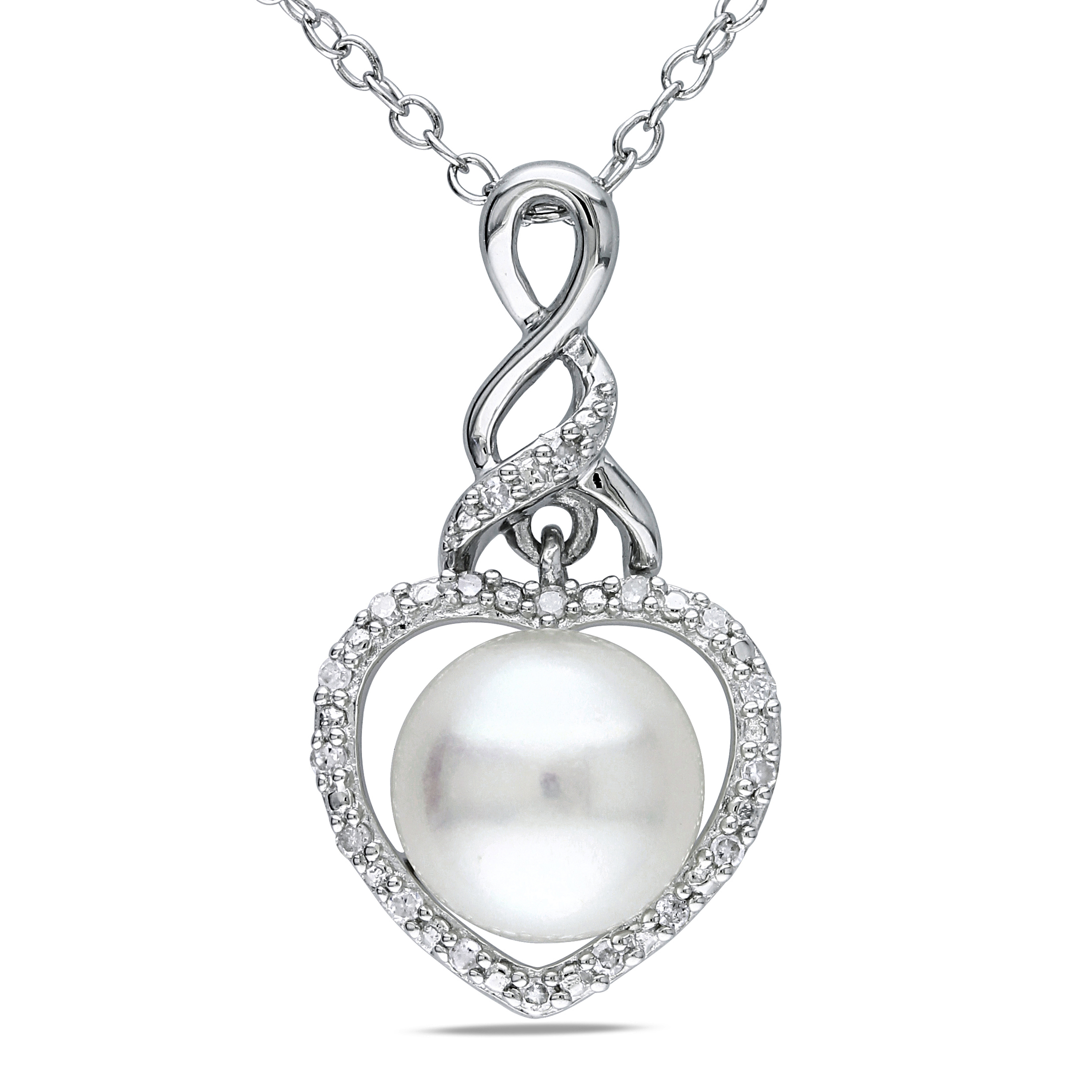 8 - 8.5 MM White Cultured Freshwater Pearl and Diamond Heart Pendant with Chain in Sterling Silver