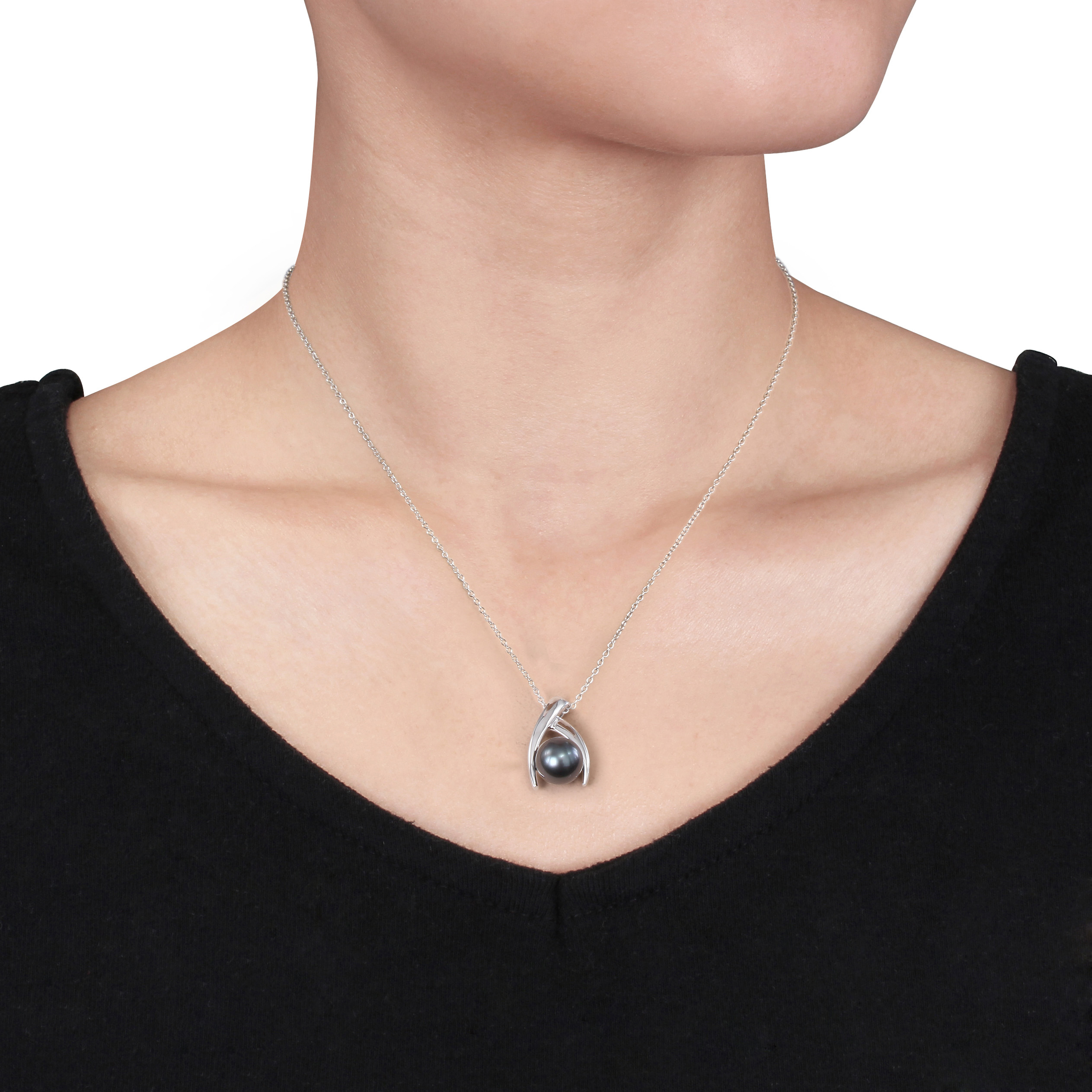 9.5 - 10 MM Black Tahitian Pearl Crisscross Pendant with Chain in Sterling Silver