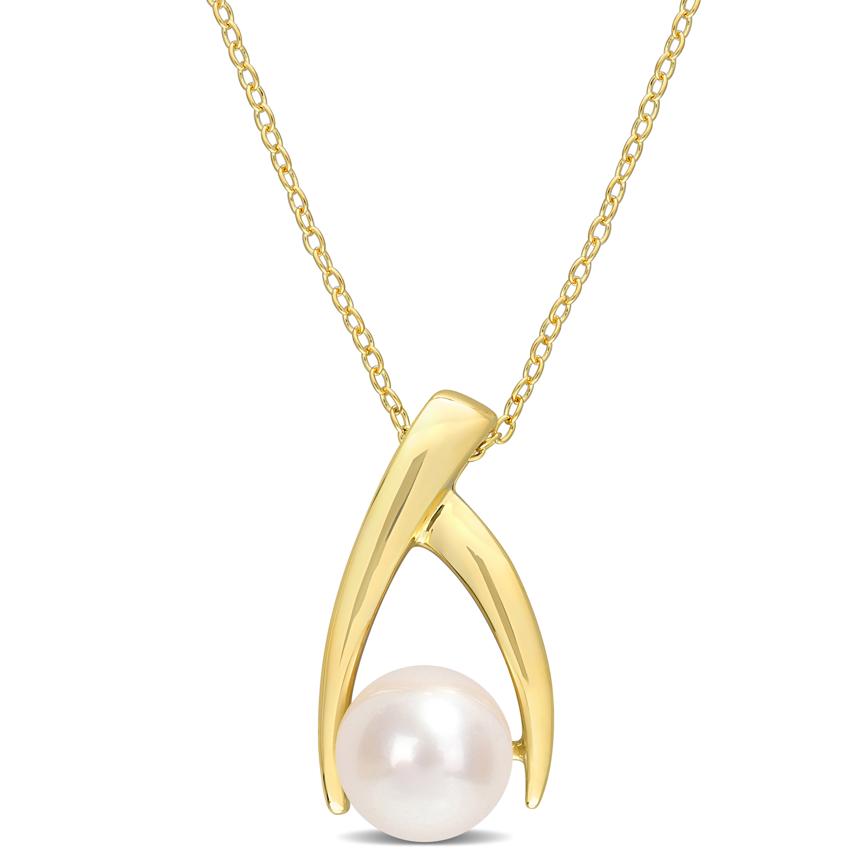9-9.5 MM Freshwater Cultured Pearl Crisscross Pendant with Chain in Yellow Plated Sterling Silver