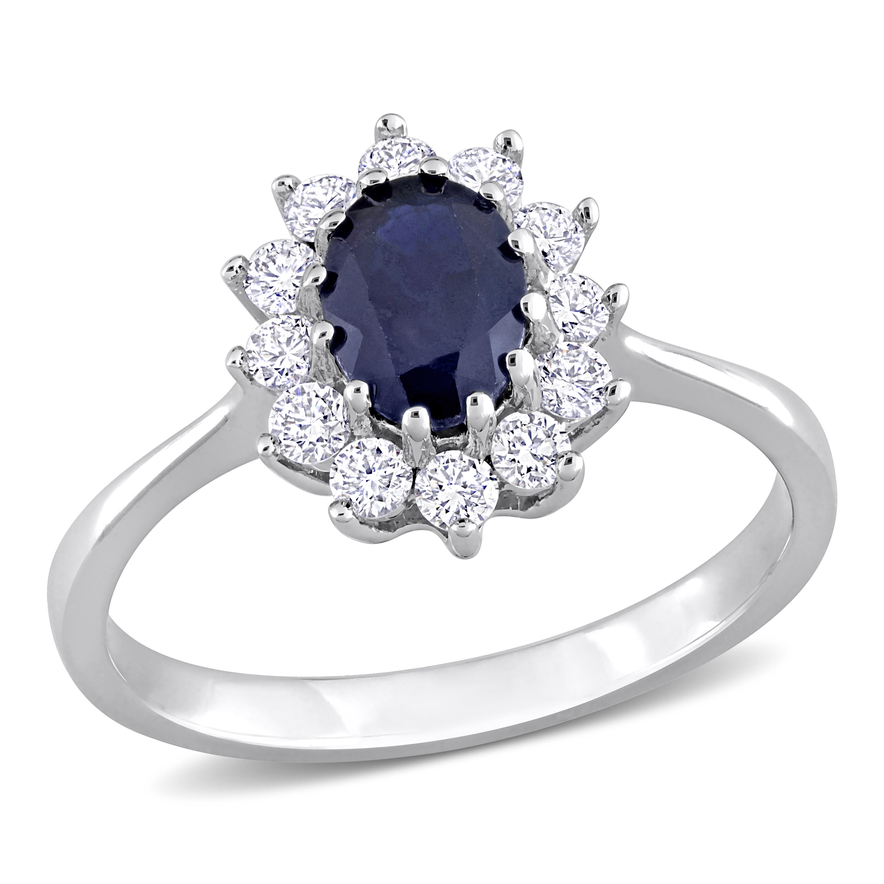 1 CT TGW Oval Sapphire and 3/8 CT TDW Diamond Halo Floral Ring in 14k White Gold