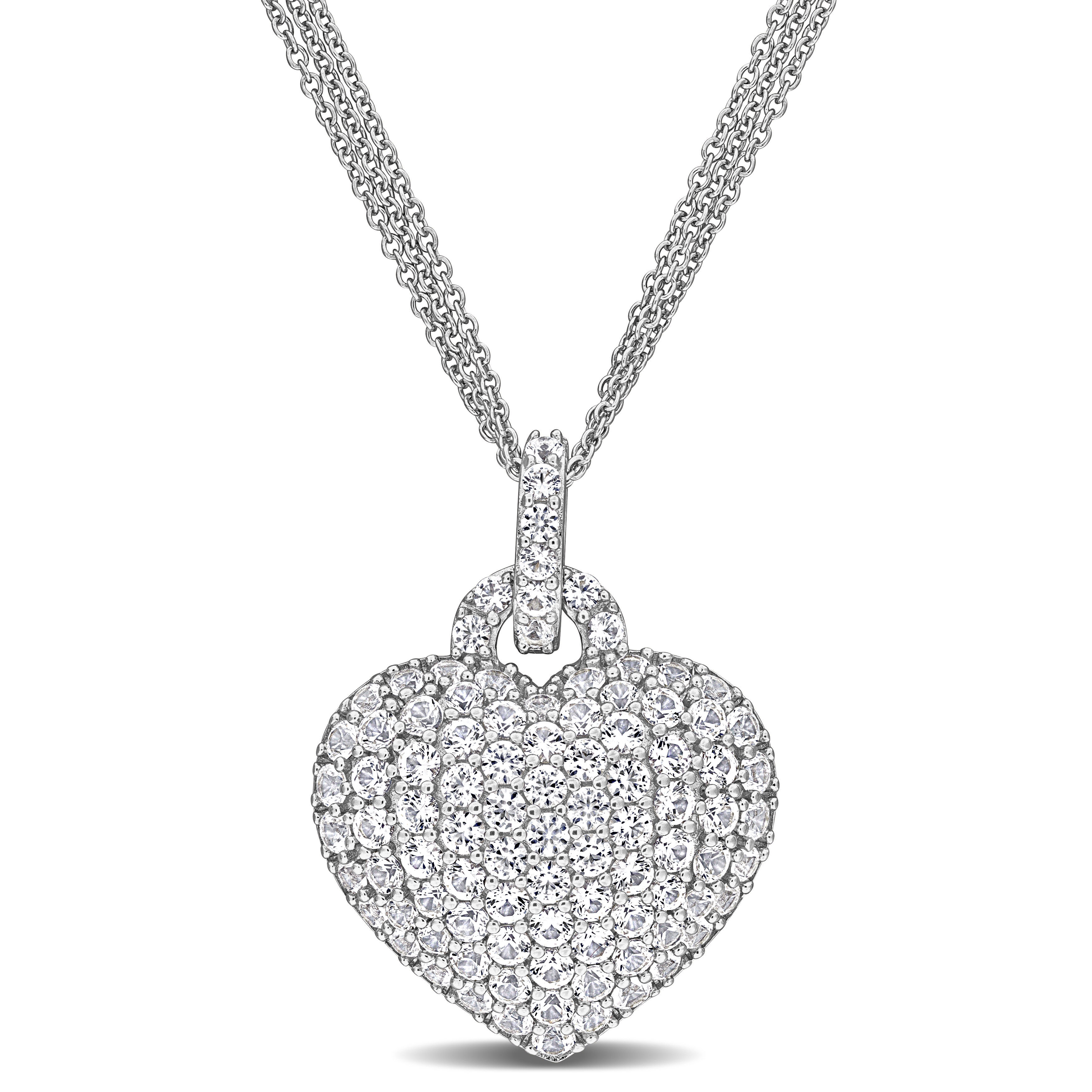 3 1/2 CT TGW Created White Sapphire Heart Pendant with Triple-Strand Chain in Sterling Silver