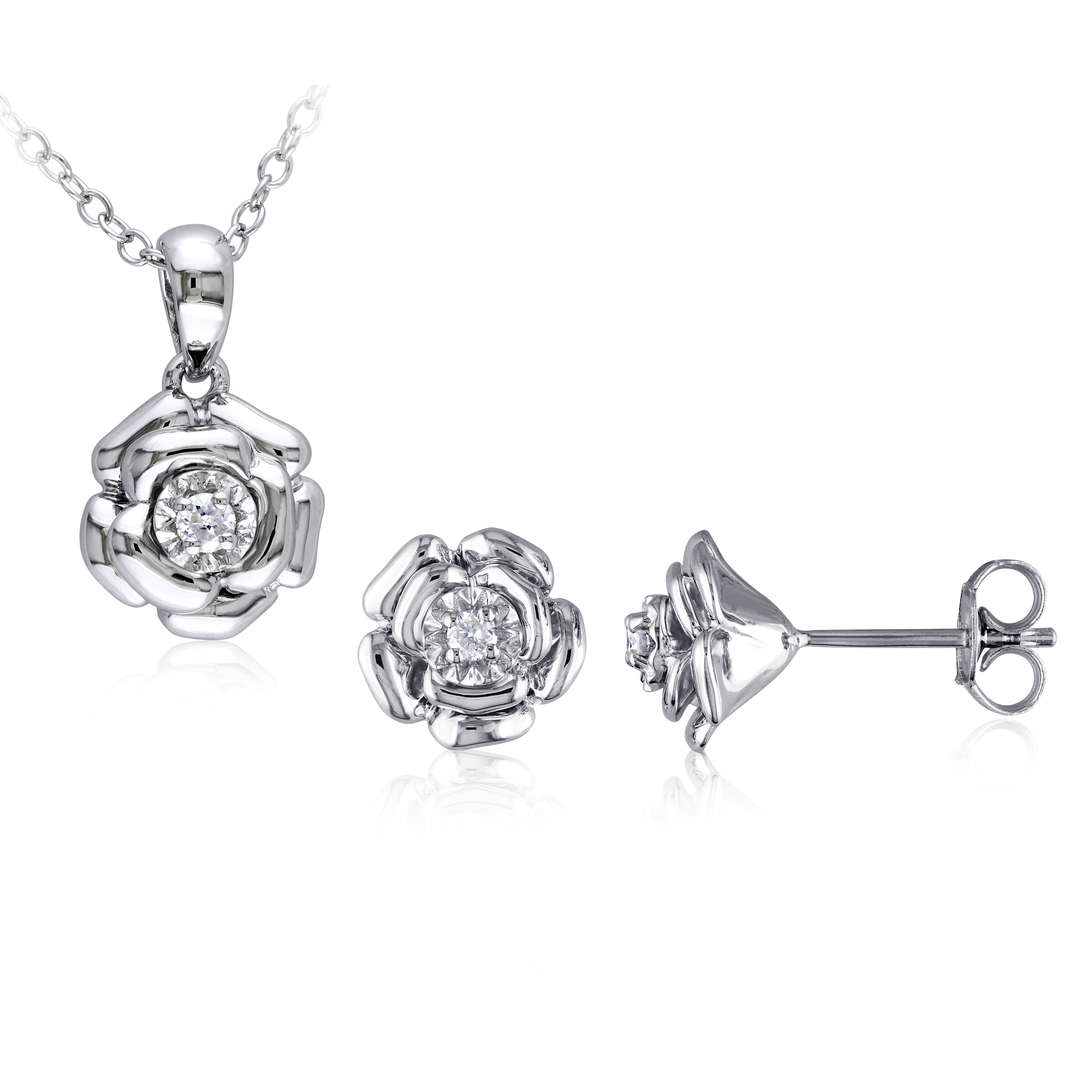 1/10 CT TW Diamond Flower Pendant with Chain and Stud Earrings Set in Sterling Silver - 18 in