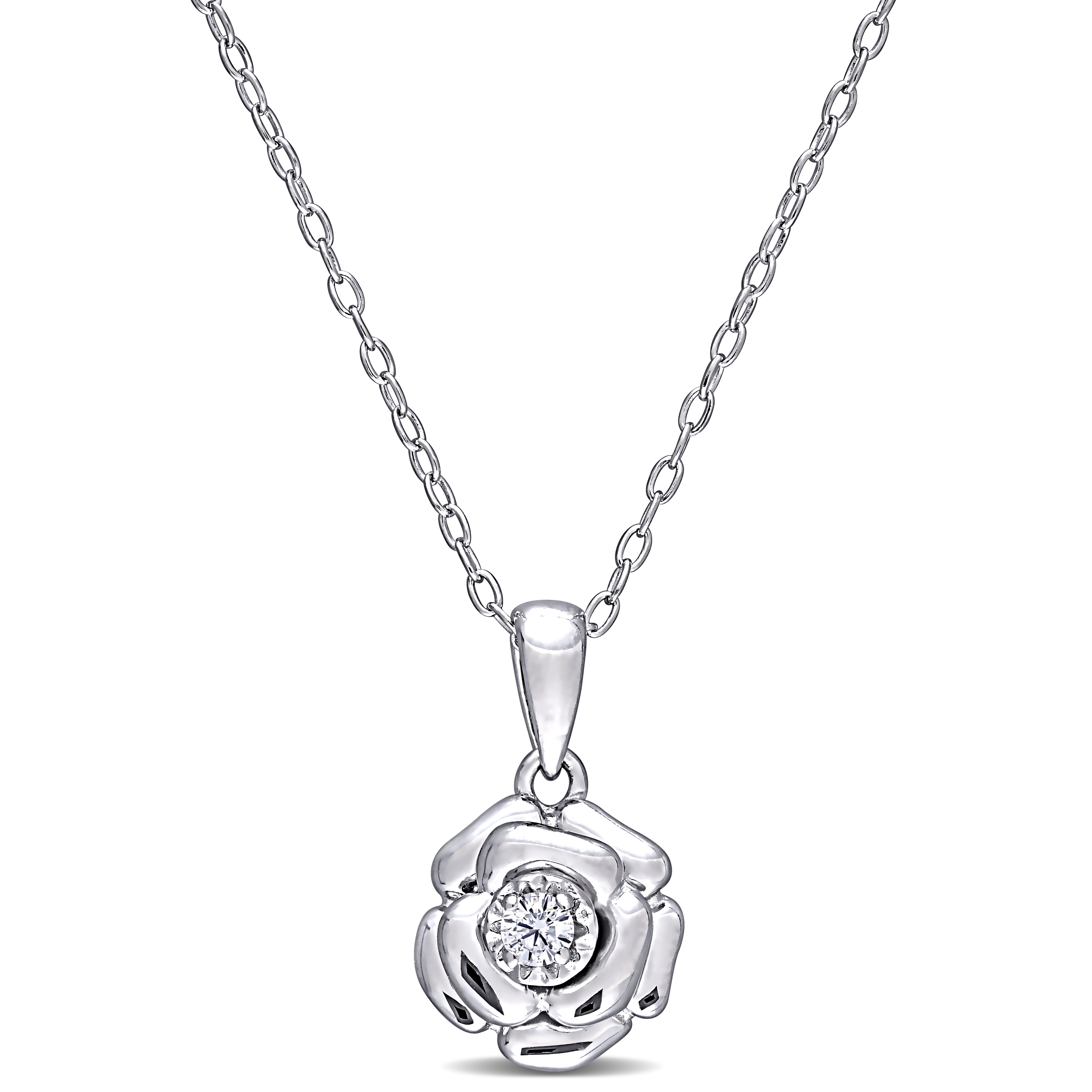 Diamond Accent Flower Pendant with Chain in Sterling Silver - 18 in