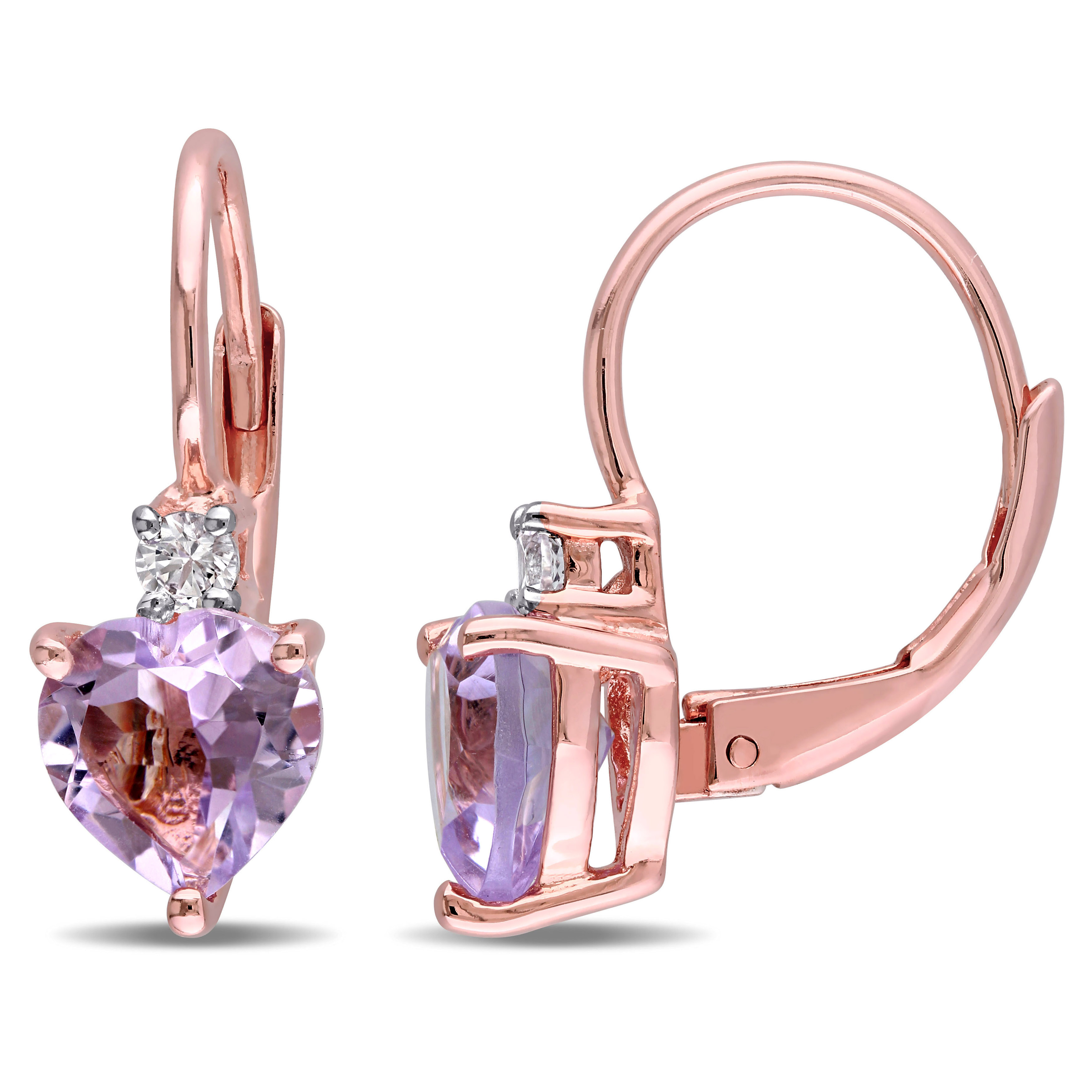 2 1/10 CT TGW Heart Shaped Rose de France and Created White Sapphire Leverback Earrings in Rose Plated Sterling Silver