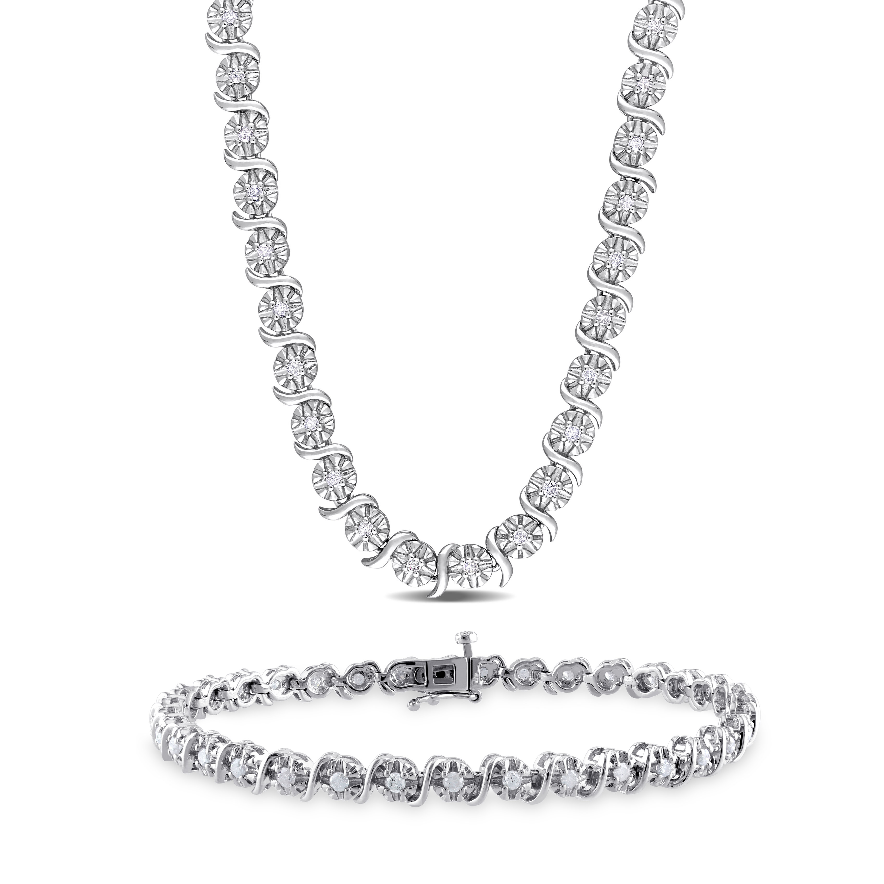 1 1/2 CT TW Diamond S-Link Tennis Bracelet and Necklace Set in Sterling Silver - 17 in + 7.25 in