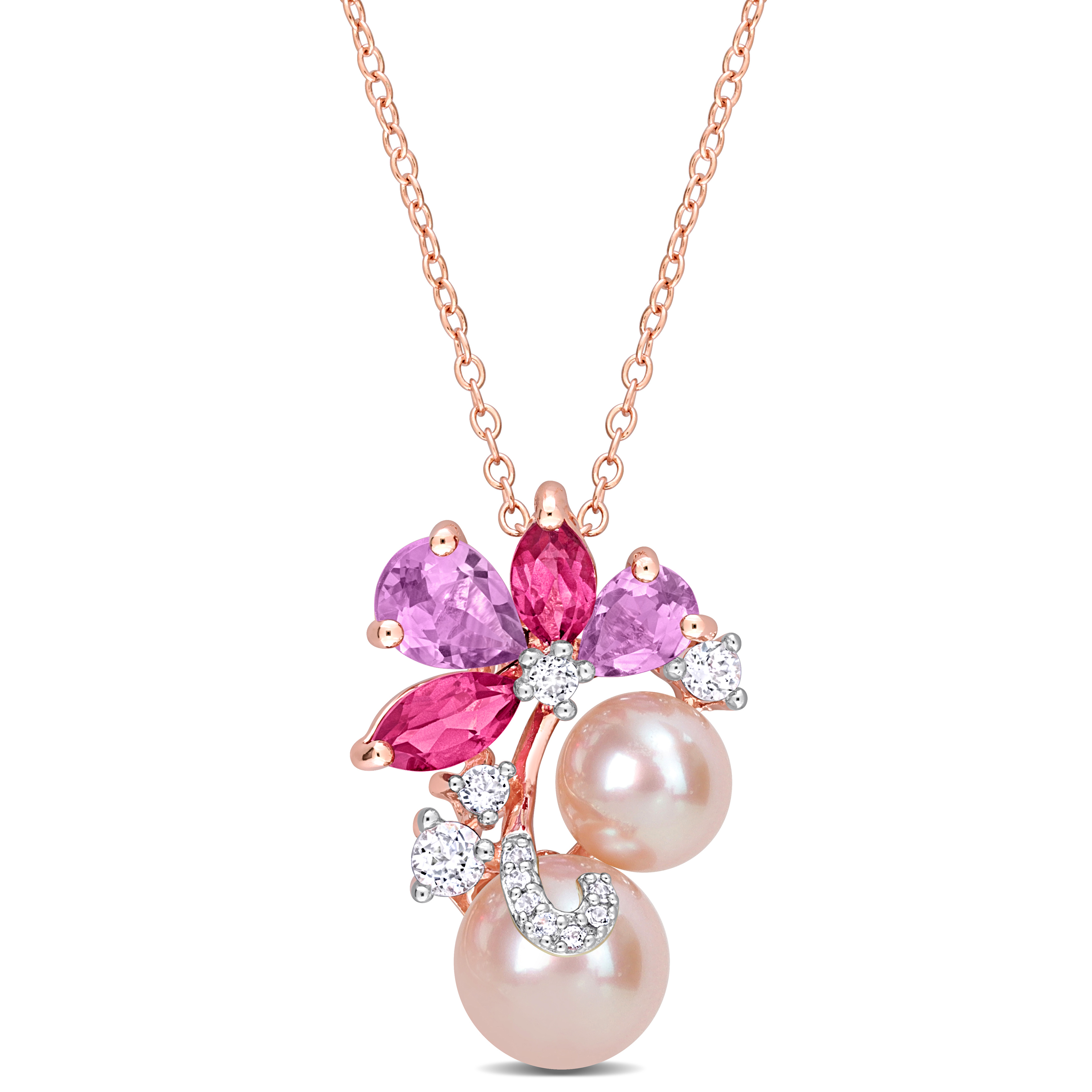 Pink Cultured Freshwater Pearl & 2 1/3 CT TGW Rose de France and Topaz Pendant with Chain in 18k Rose Plated Sterling Silver