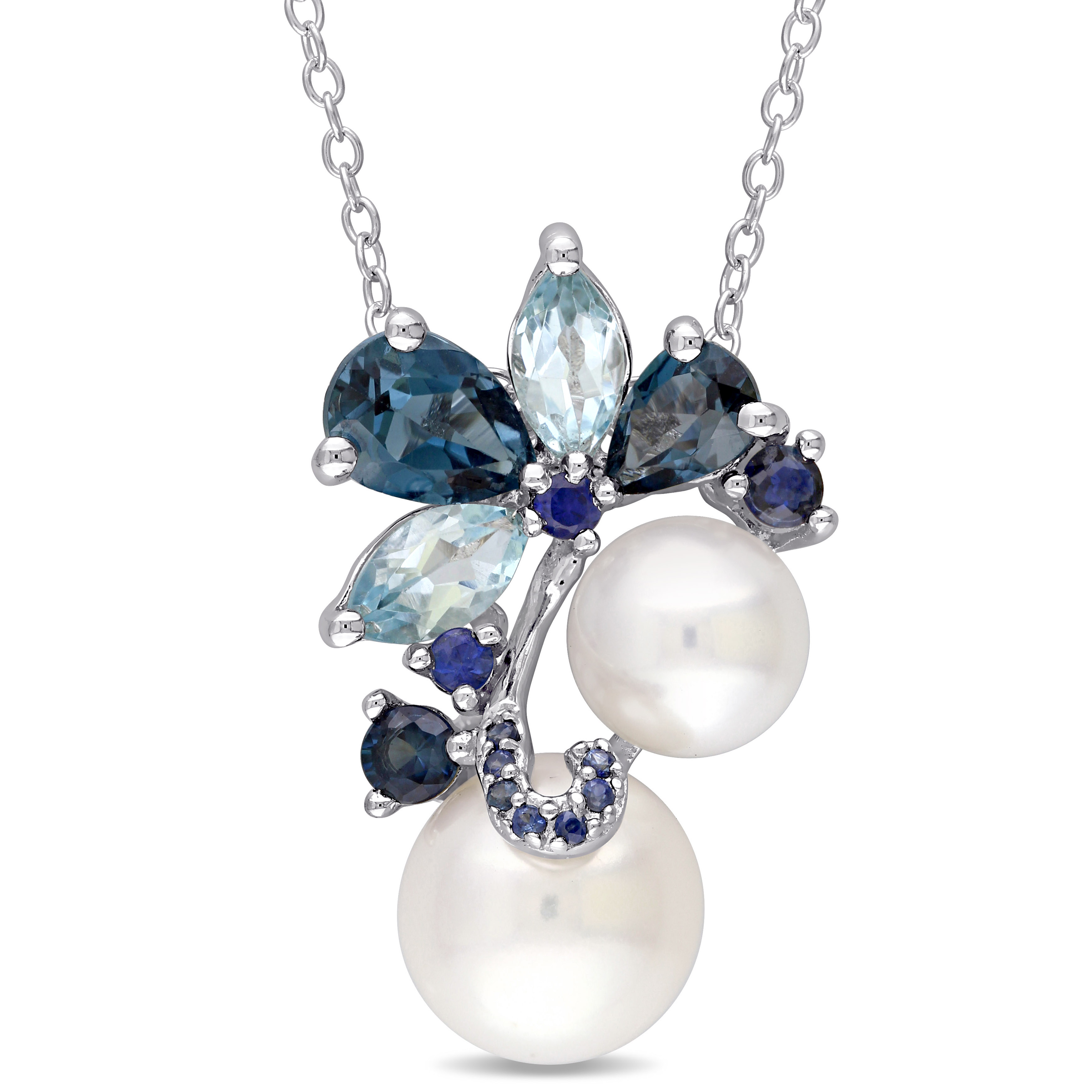 White Cultured Freshwater Pearl, London and Sky-Blue Topaz, and Sapphire Pendant with Chain in Sterling Silver