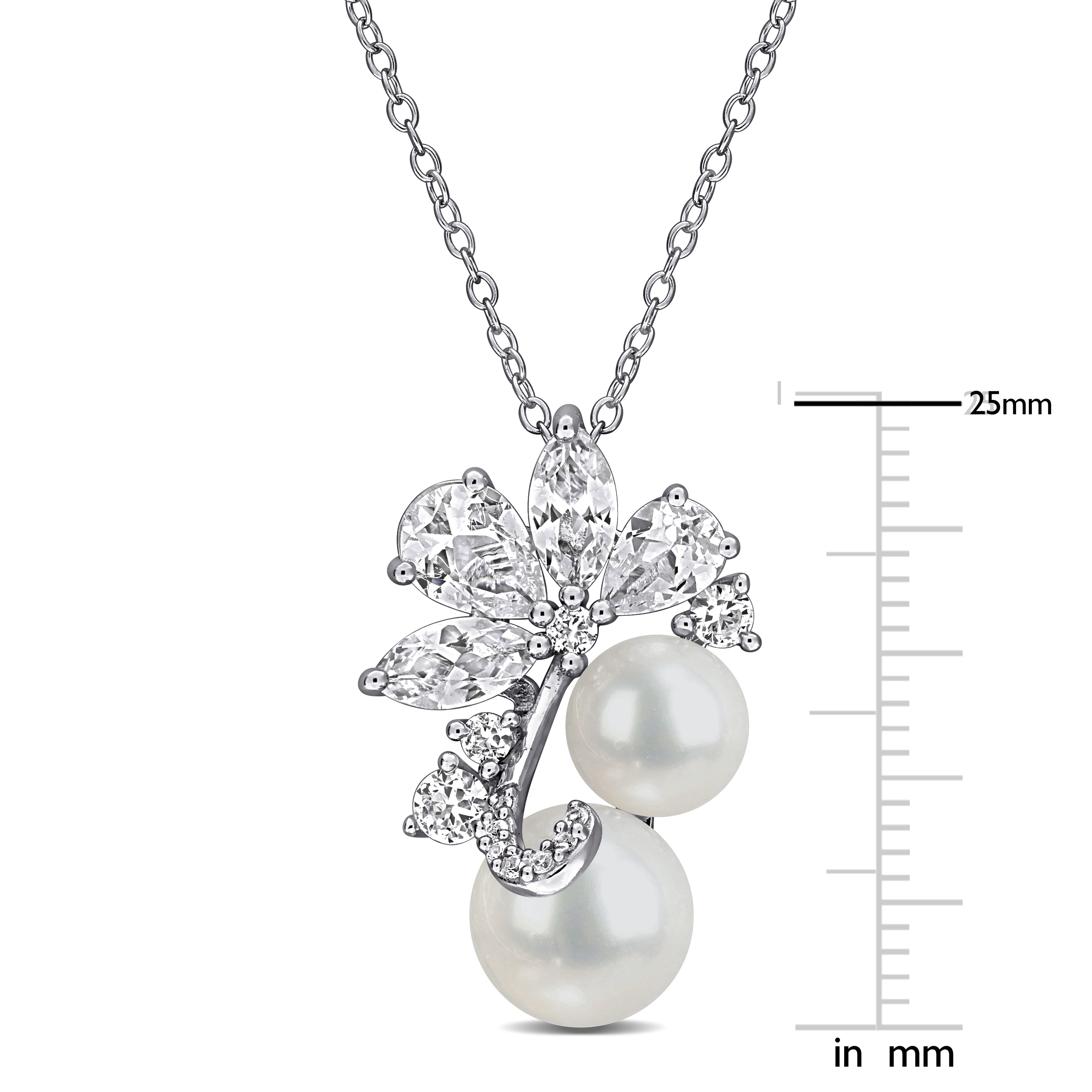 7-9mm Cultured Freshwater Pearl and 4 1/4ct TGW Created White Sapphire Cluster Pendant with Chain in Sterling Silver - 18 in