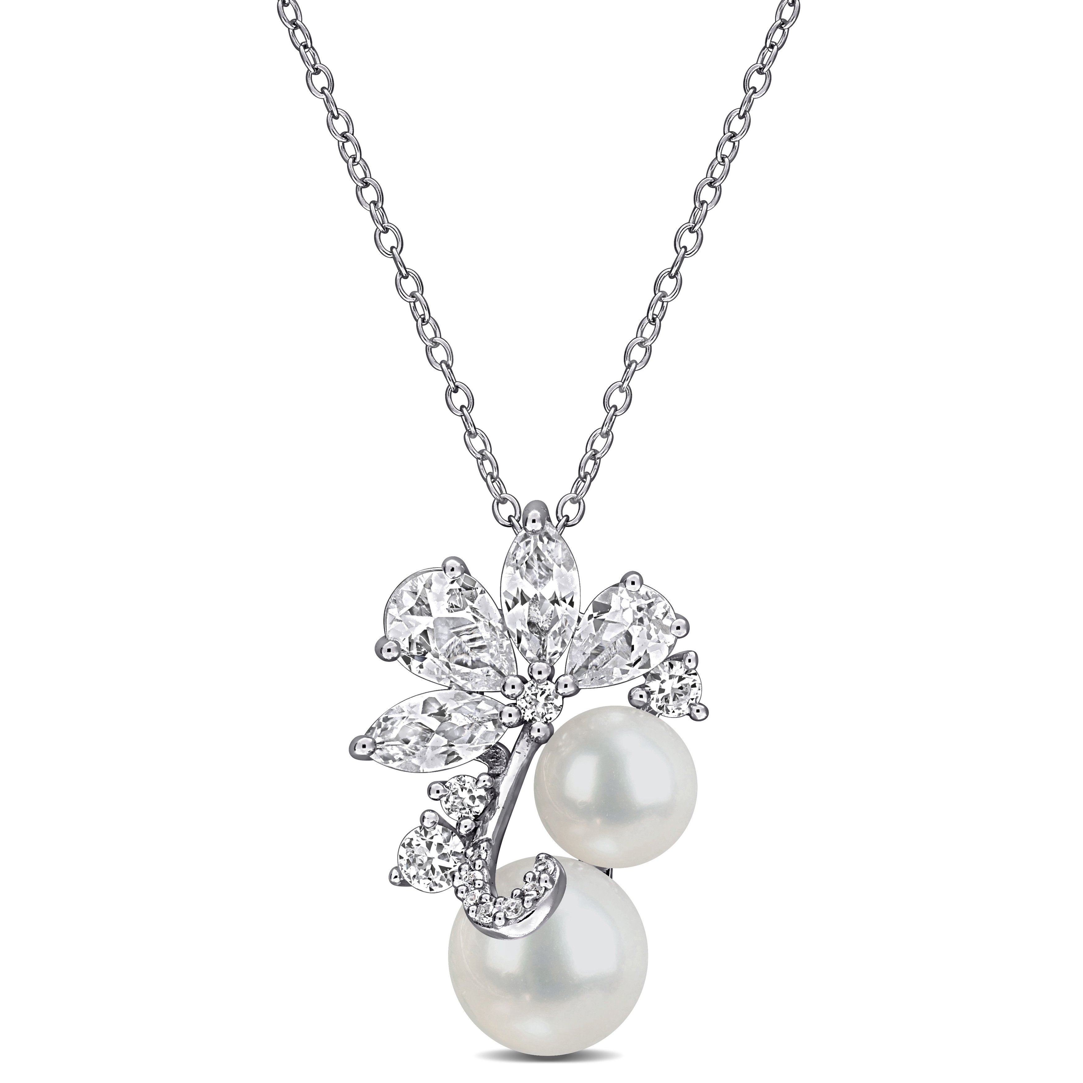 7-9mm Cultured Freshwater Pearl and 4 1/4ct TGW Created White Sapphire Cluster Pendant with Chain in Sterling Silver - 18 in