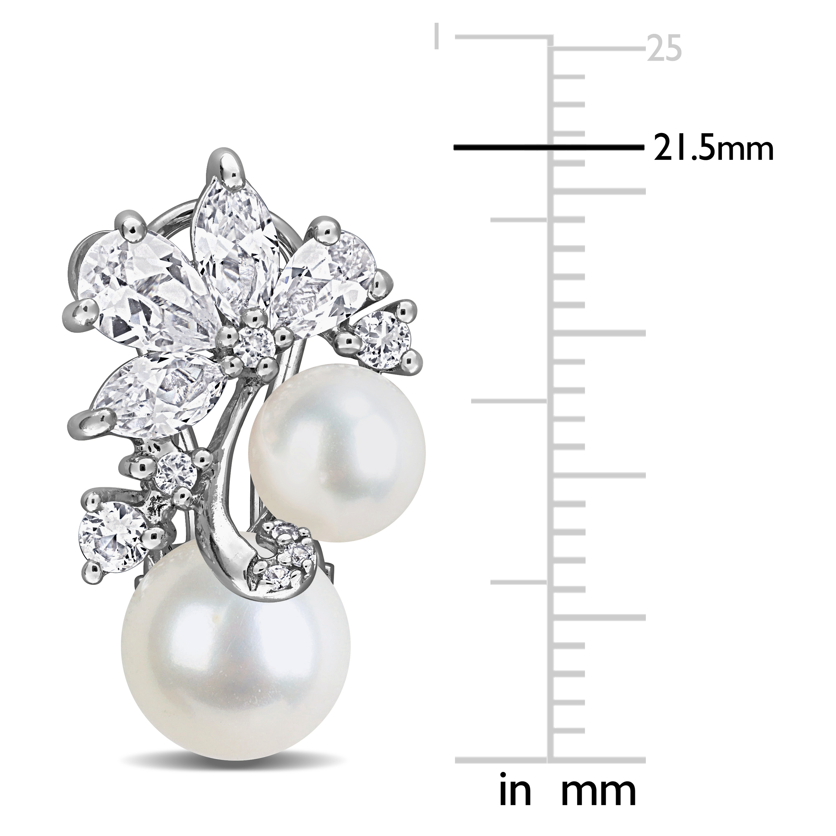 6-8.5mm Cultured Freshwater Pearl and 4 1/4ct TGW Created White Sapphire Cluster Earrings with Omega Closures in Sterling Silver