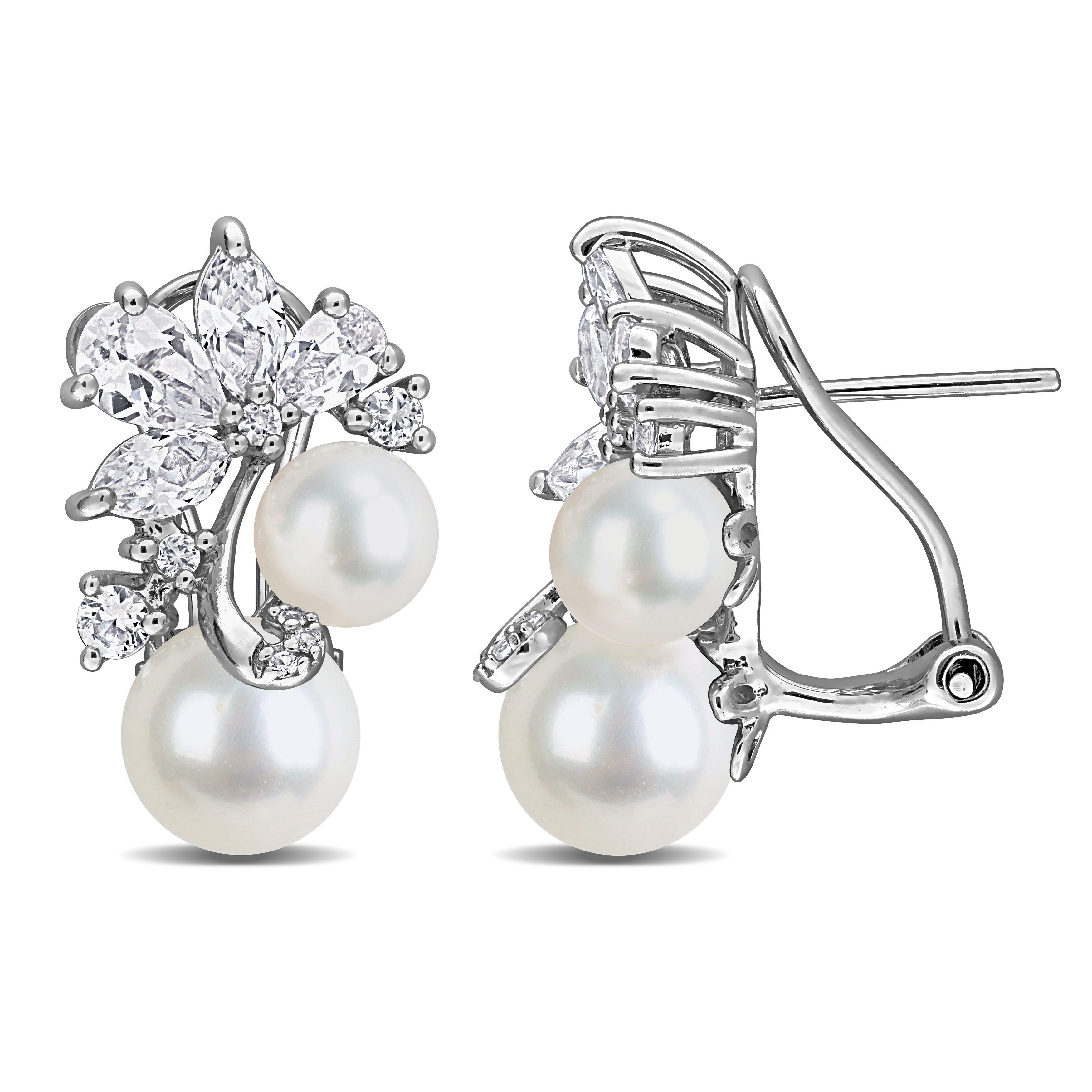 6-8.5mm Cultured Freshwater Pearl and 4 1/4ct TGW Created White Sapphire Cluster Earrings with Omega Closures in Sterling Silver