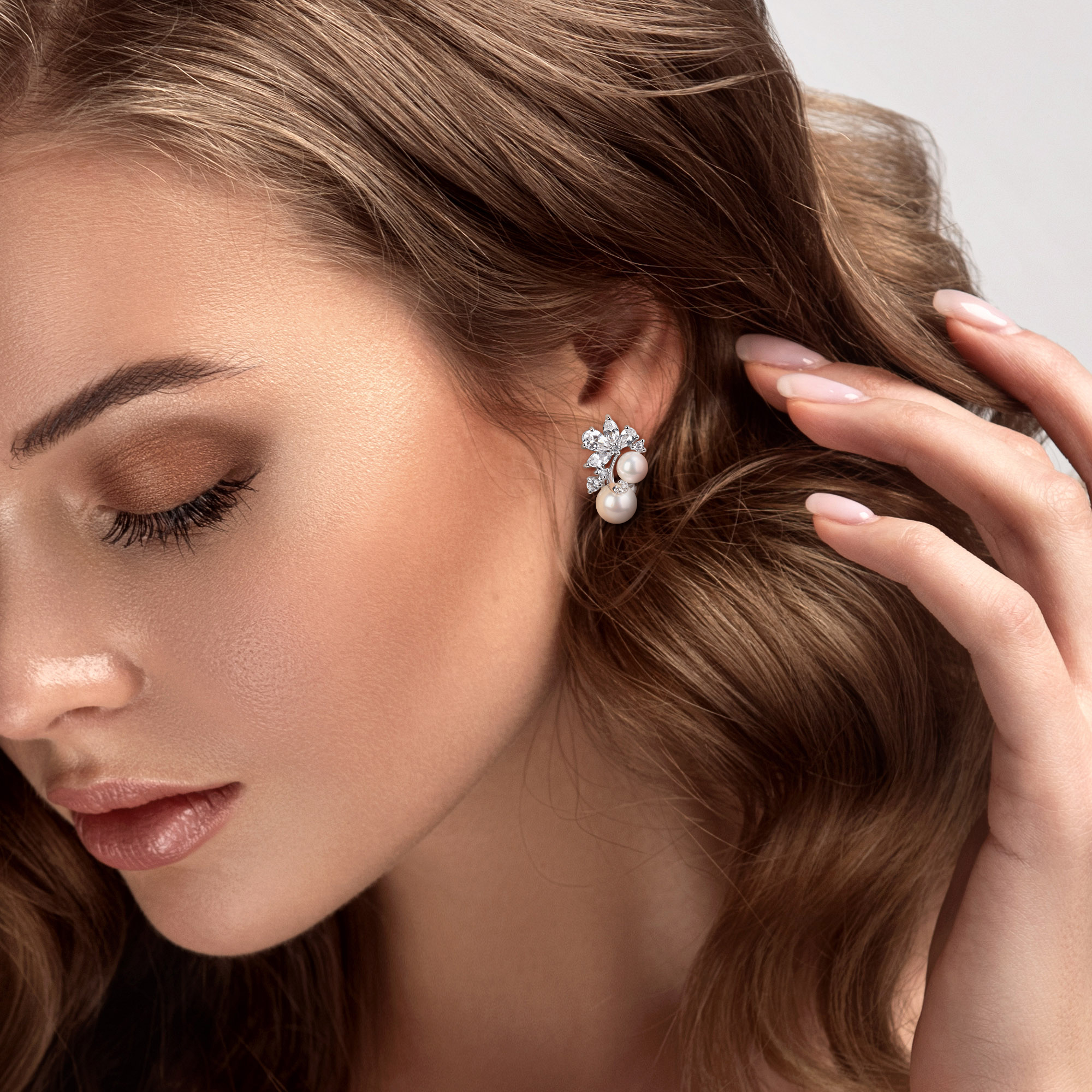 6-8.5mm Cultured Freshwater Pearl and 4 1/4ct TGW Created White Sapphire Cluster Earrings with Omega Closures in Sterling Silver