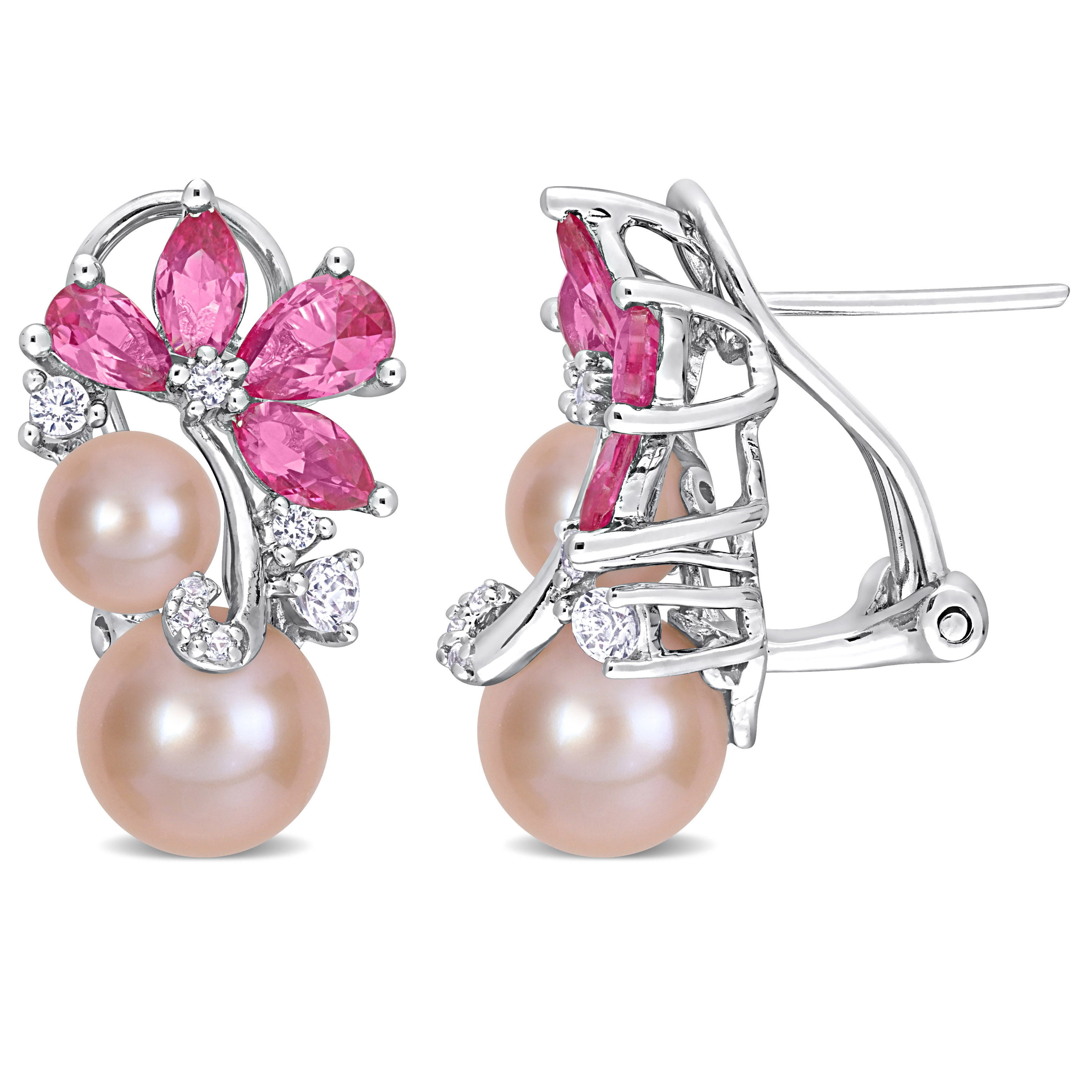 Pink Cultured Freshwater Pearl & 4 1/4 CT TGW Created Pink and White Sapphire Earings in Sterling Silver