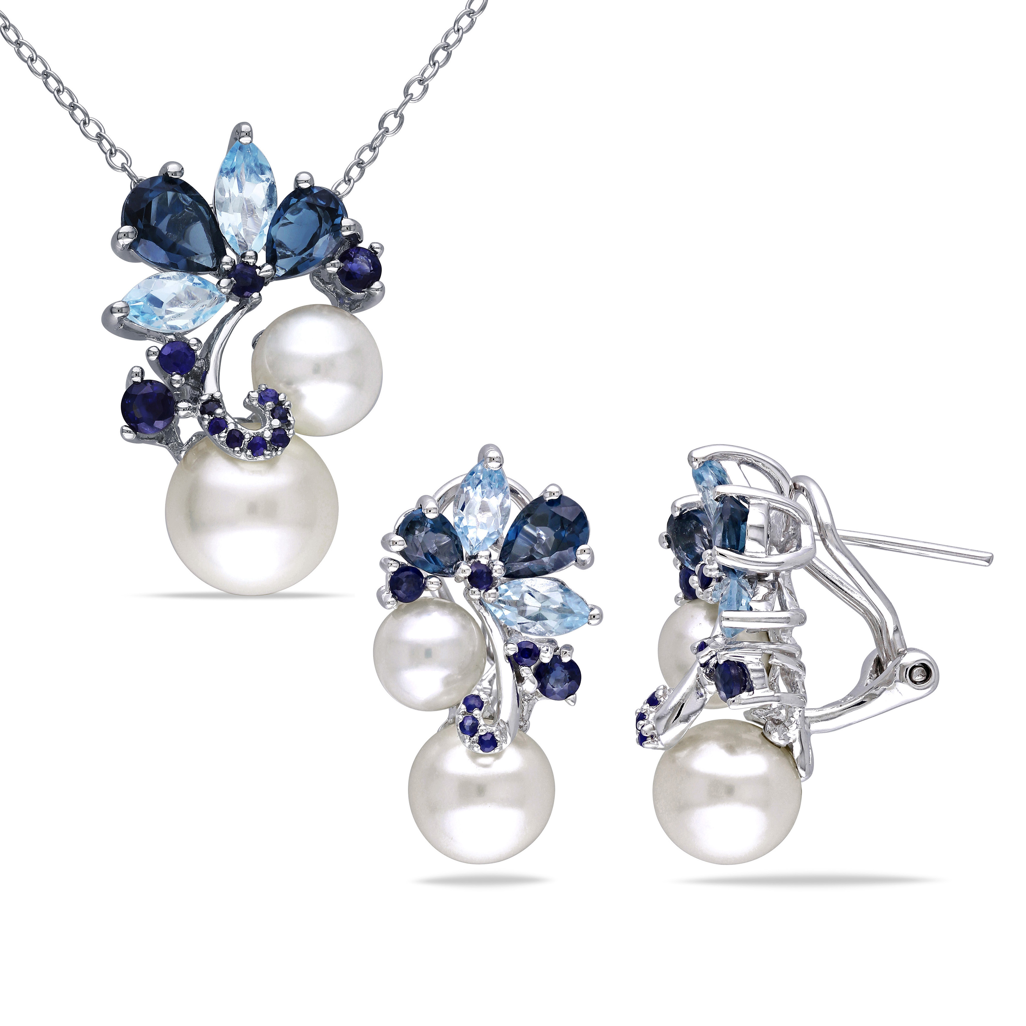 2 Pc Set of 5 3/4 CT TGW Blue Topaz - London, Blue Topaz - Sky, Sapphire And Freshwater Cultured Pearl Earrings & Pendant With Chain in Sterling Silver