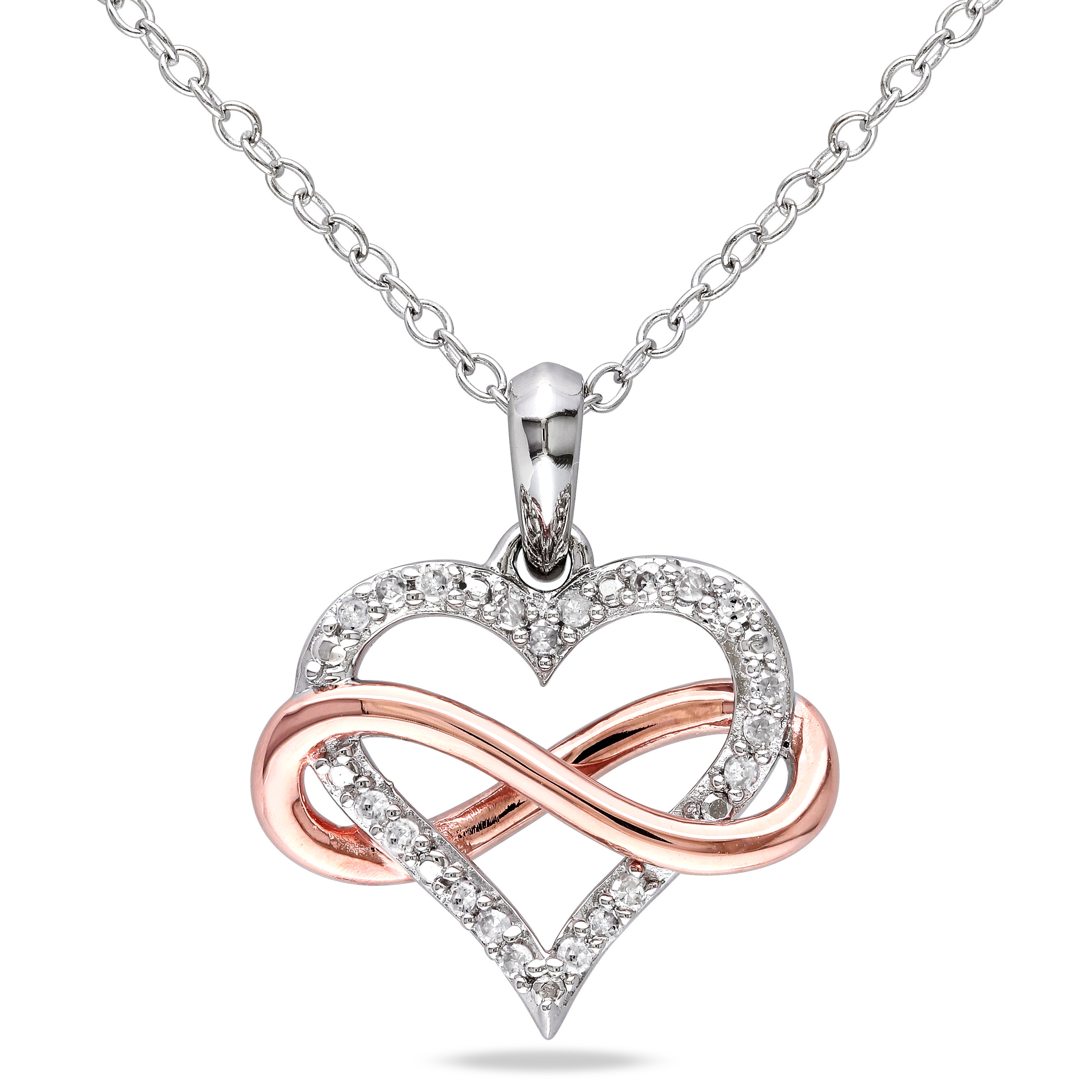 1/10 CT TW Diamond Infinity Heart Pendant with Chain in 2-Tone Pink and White Sterling Silver