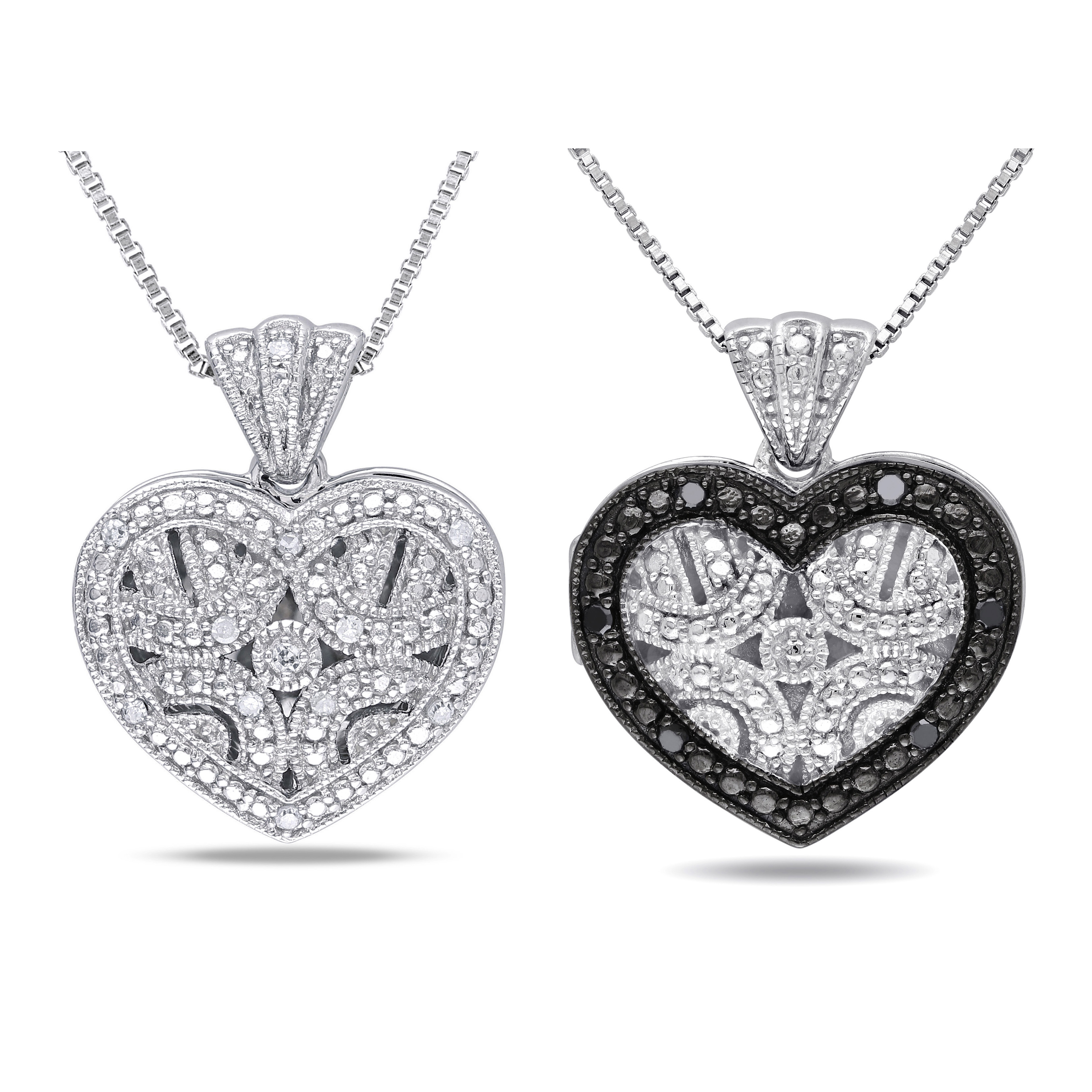 1/8 CT TW Black and White Diamond Heart Locket Pendant with Chain 2-Piece Set in Sterling Silver - 18 in