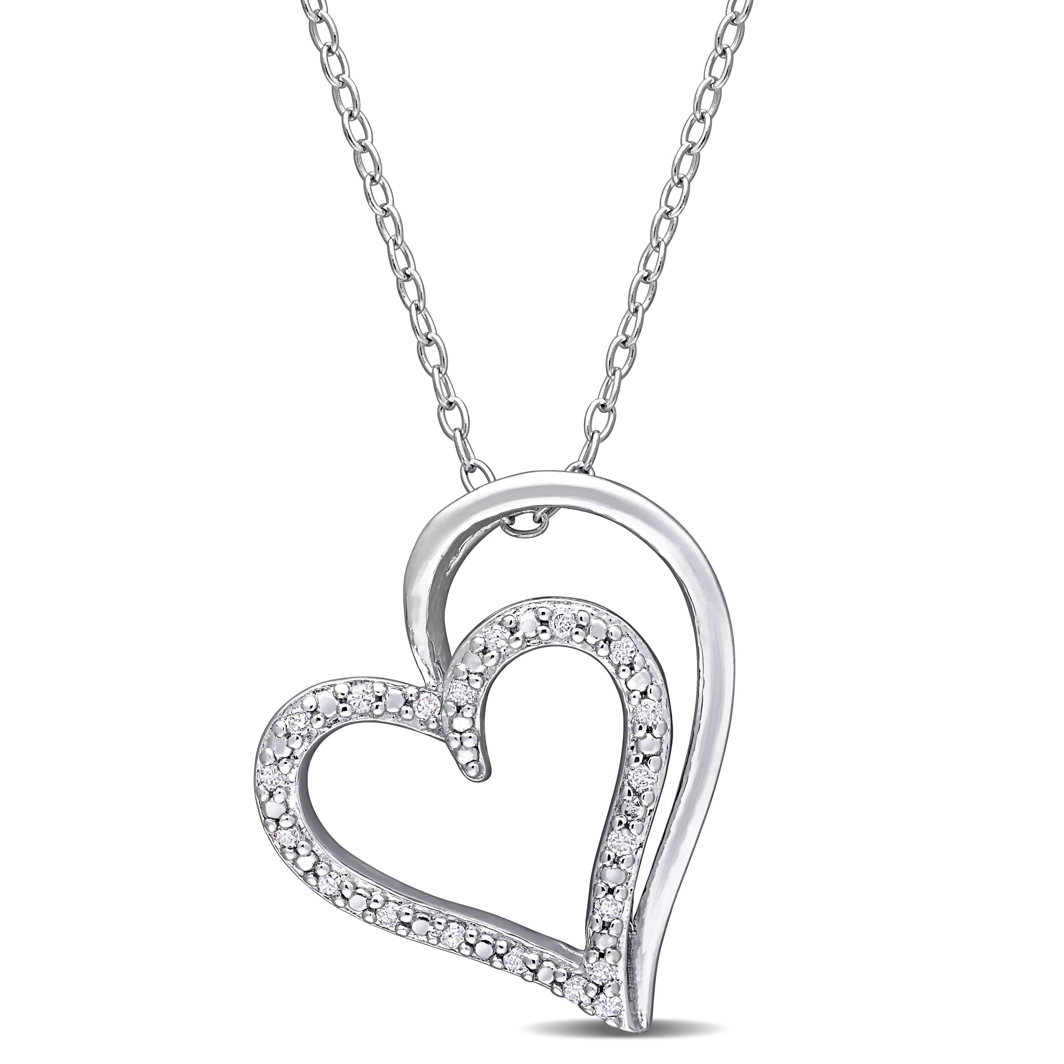 1/10 CT TW Diamond Double Heart Pendant with Chain in Sterling Silver - 18 in