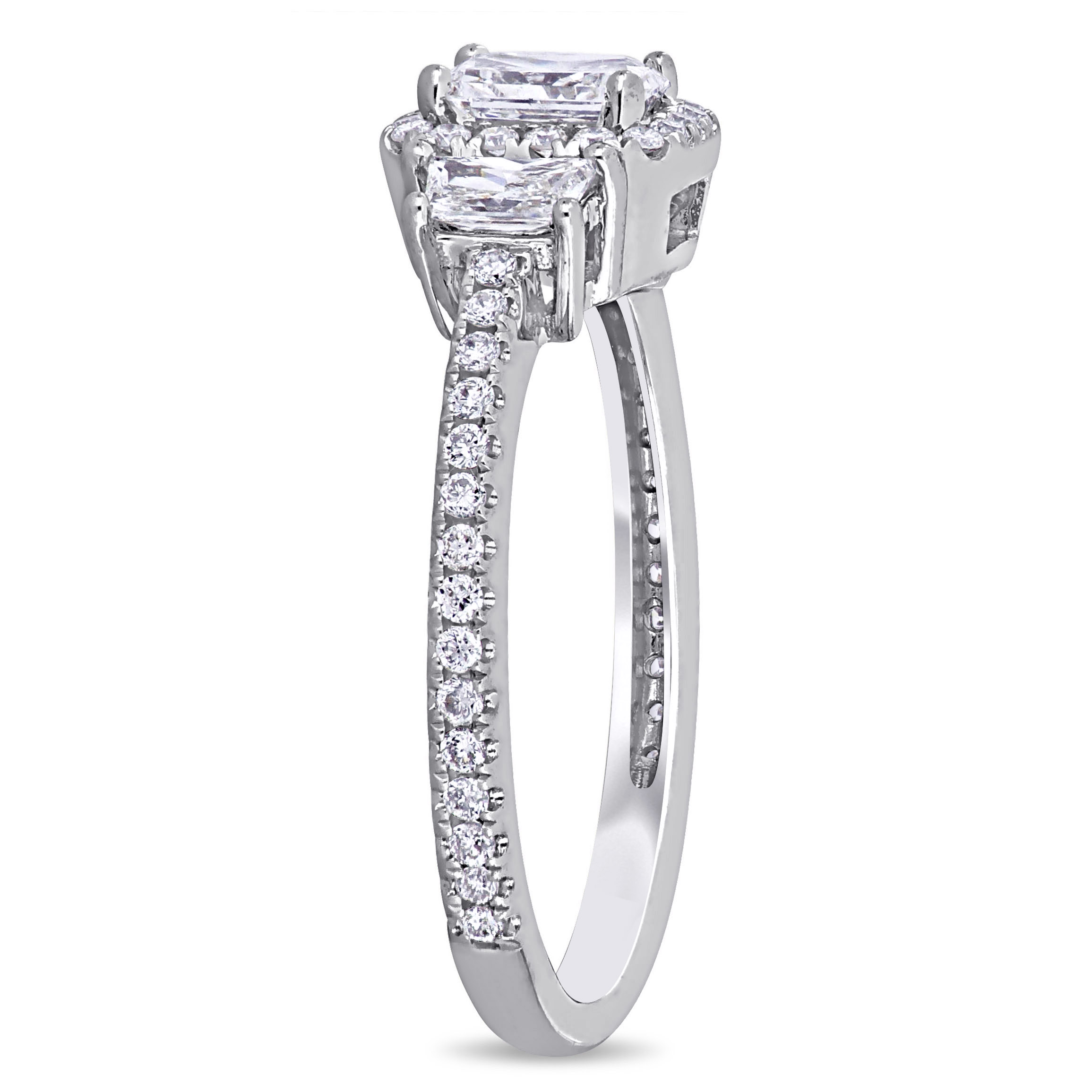 1 CT TW Radiant and Trapezoid-Cut Diamond 3-Stone Halo Engagement Ring in 14k White Gold