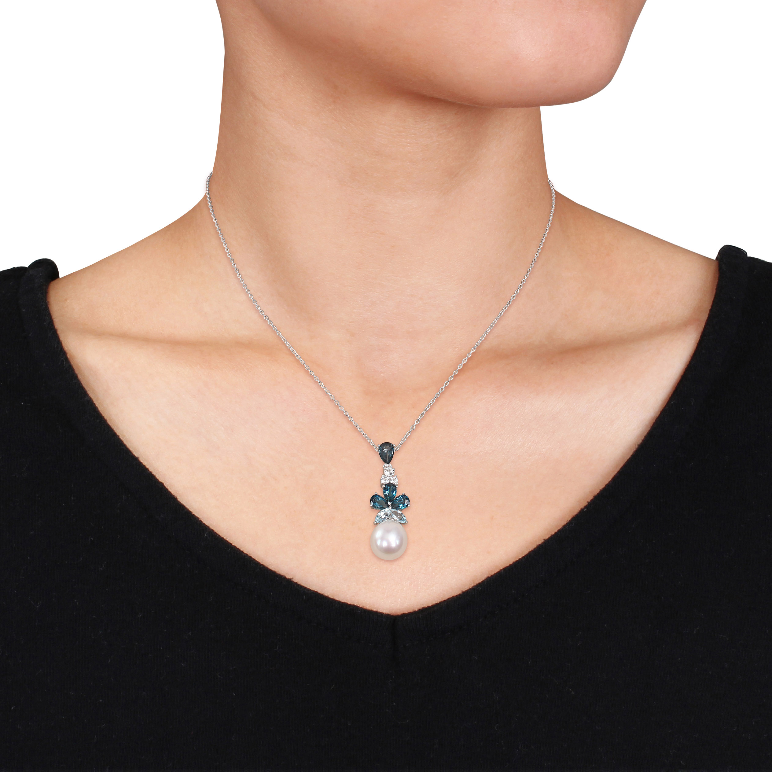 3 1/4 CT TGW London, Sky Blue and White Topaz and 9.5 - 10 MM White Cultured Freshwater Pearl Drop Pendant with Chain in Sterling Silver