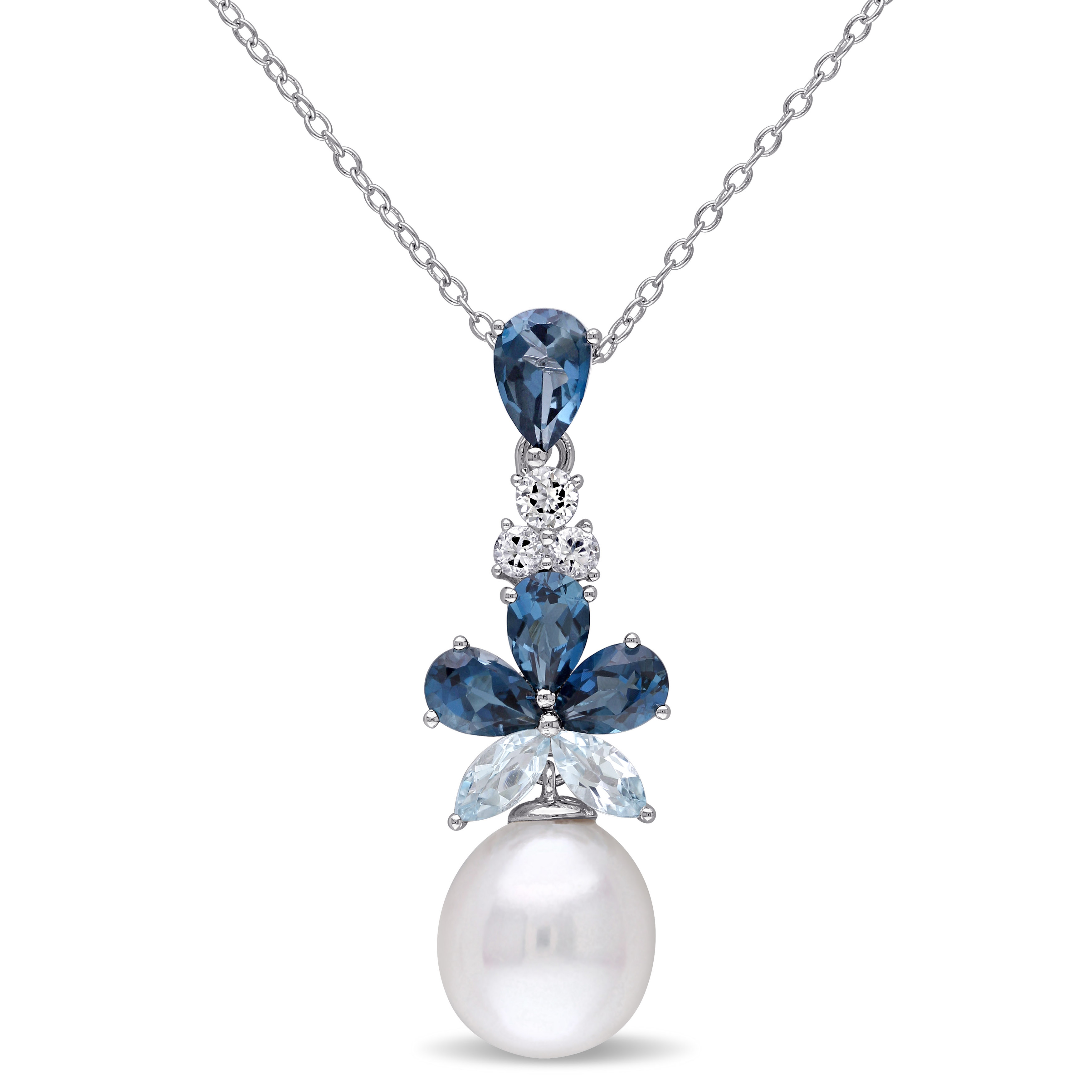 3 1/4 CT TGW London, Sky Blue and White Topaz and 9.5 - 10 MM White Cultured Freshwater Pearl Drop Pendant with Chain in Sterling Silver