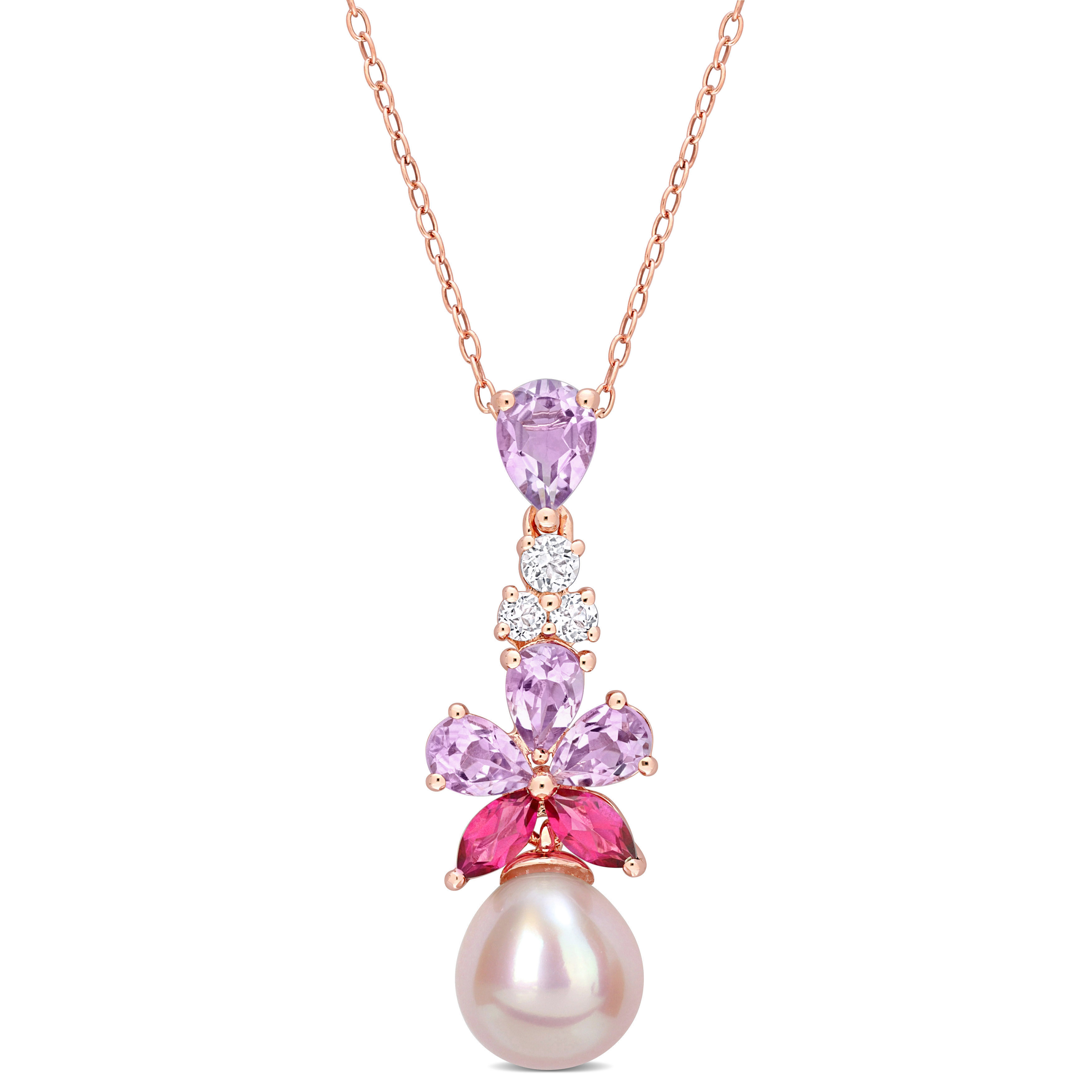 9.5-10 MM Pink Freshwater Cultured Pearl 2 3/8 CT TGW Rose de France and White and Pink Topaz Floral Drop Pendant in 18k Rose Gold Plated Sterling Silver