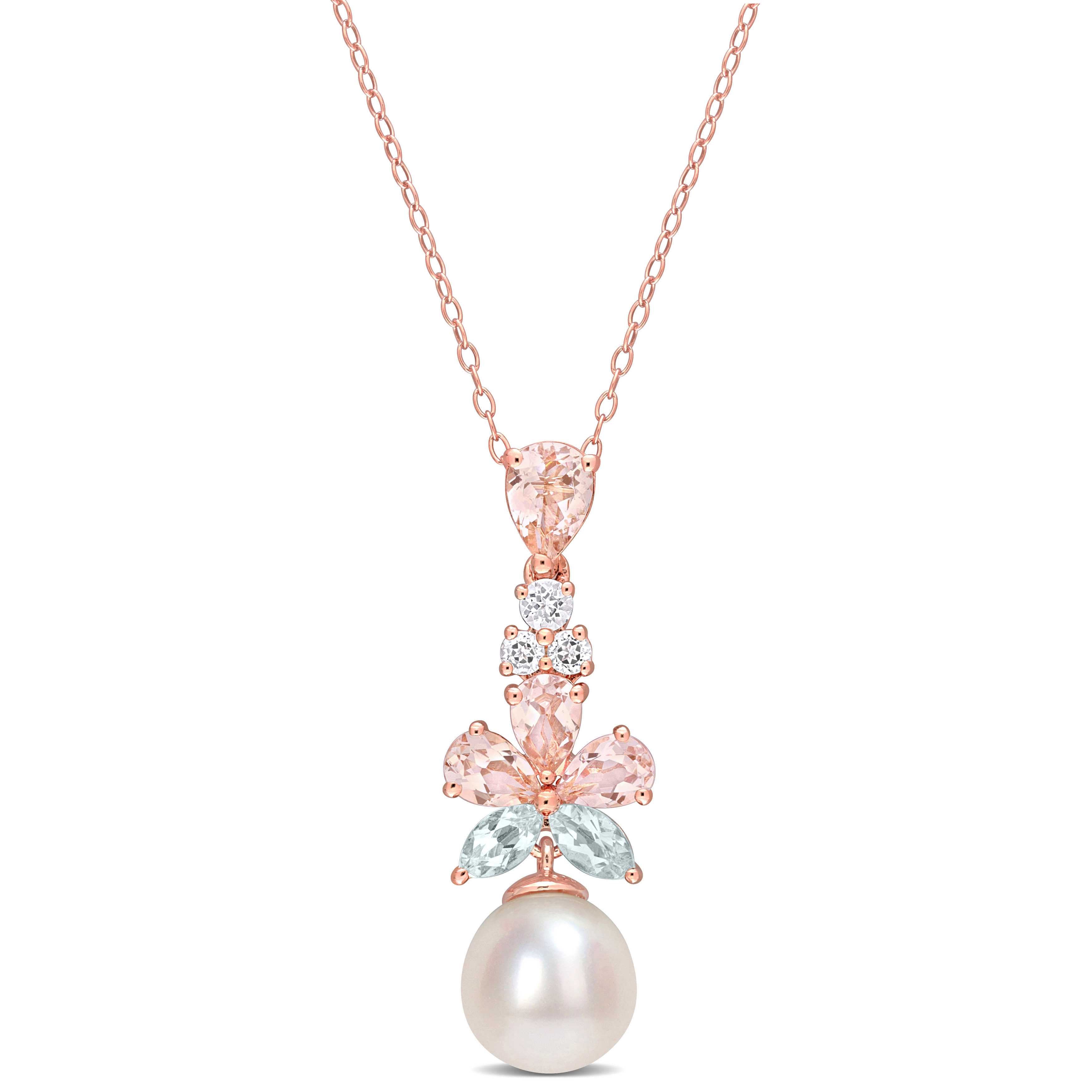 9.5-10 MM Freshwater Cultured Pearl and 2 3/4 CT TGW Morganite White Topaz & Aquamarine Floral Drop Pendant in 18k Rose Gold Plated Sterling Silver - 18 in.