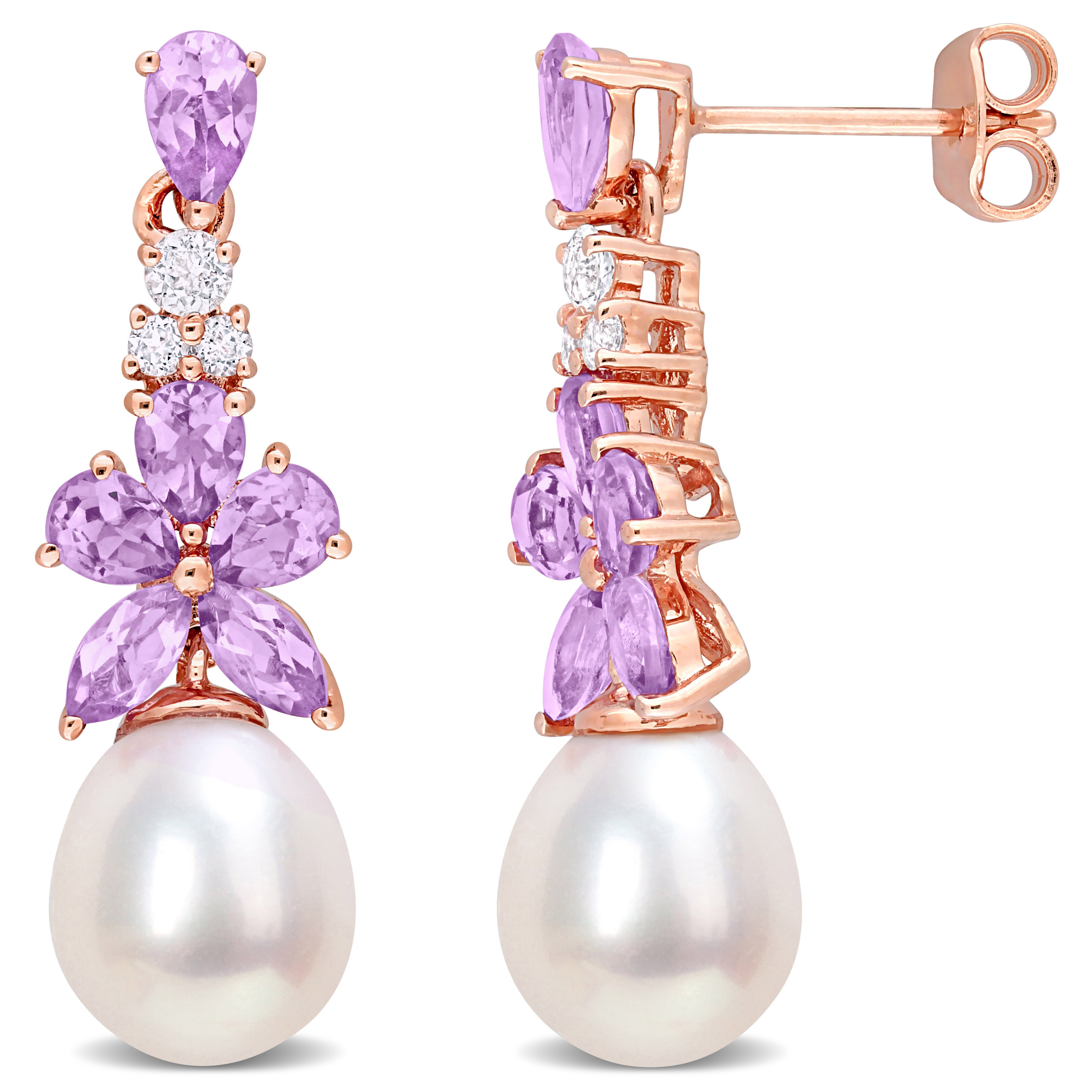 Amethyst, White Topaz and Rose de France and 8.5 - 9 MM White Cultured Freshwater Pearl Drop Earrings in 18k Rose Gold Plated Sterling Silver