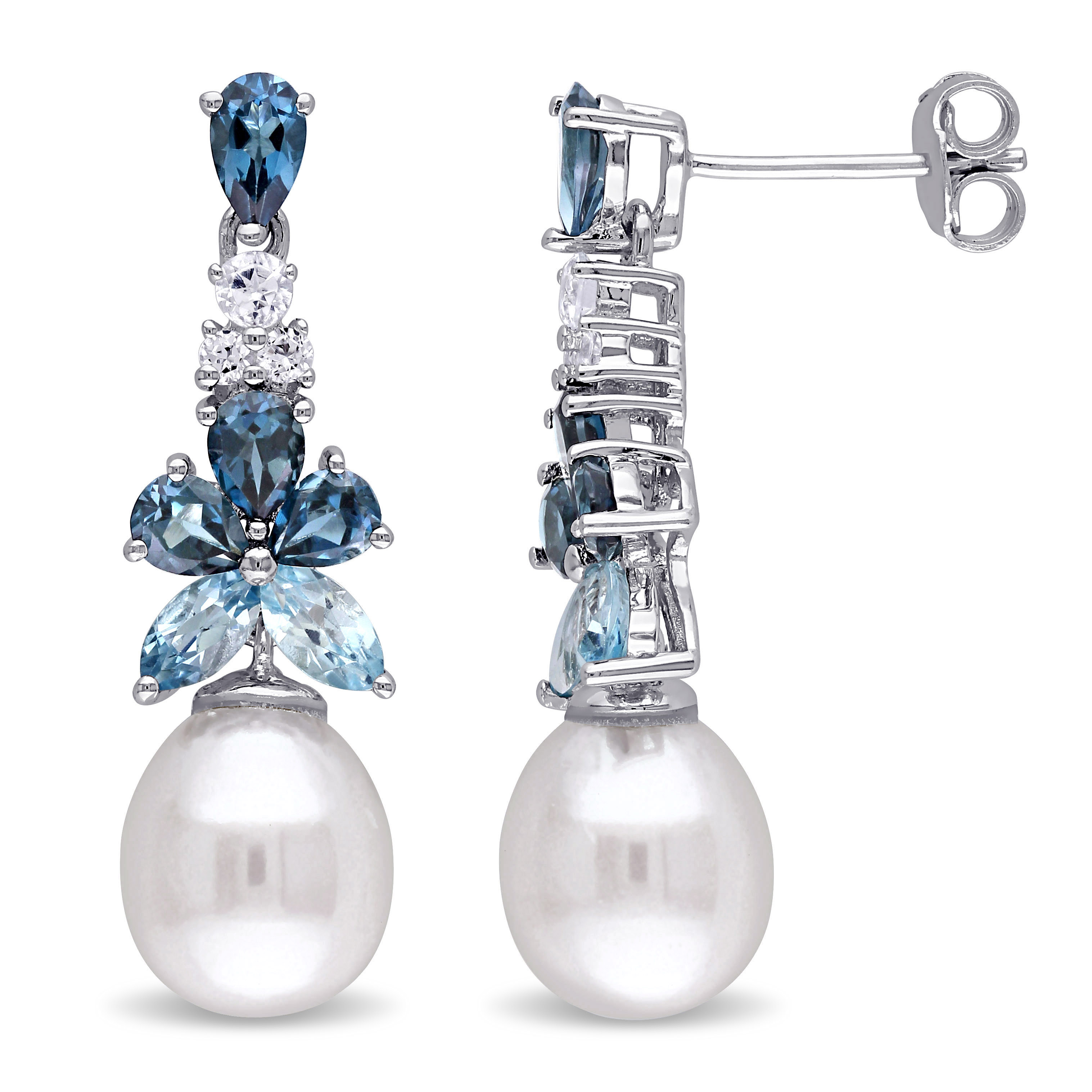 8.5 - 9 MM White Cultured Freshwater Pearl and London, Sky Blue and White Topaz Drop Earrings in Sterling Silver