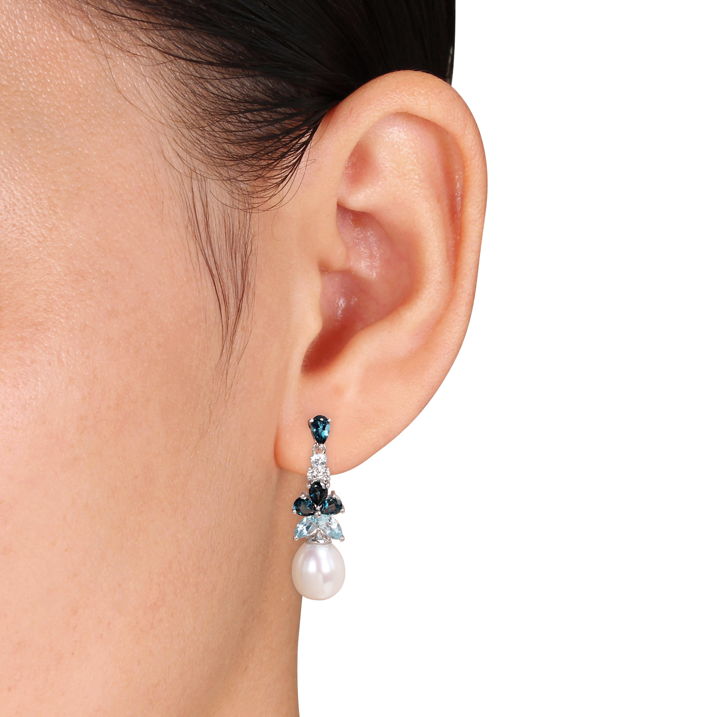 8.5 - 9 MM White Cultured Freshwater Pearl and London, Sky Blue and White Topaz Drop Earrings in Sterling Silver