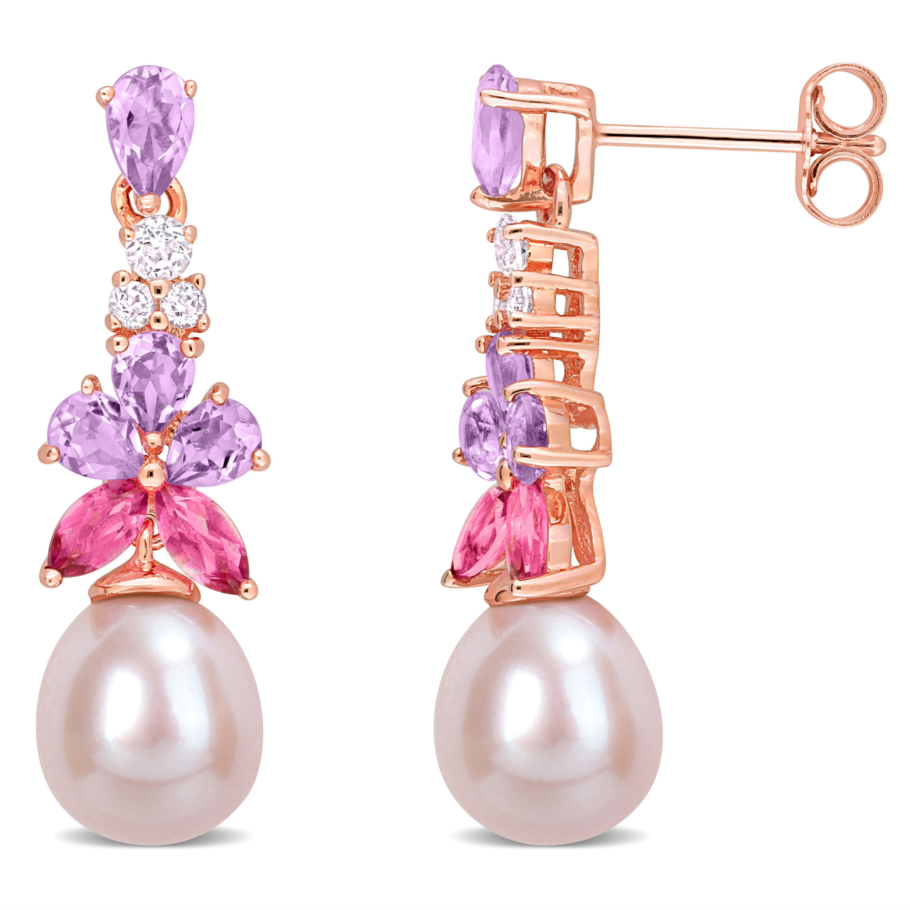 8.5 - 9 MM Pink Freshwater Cultured Pearl 2 3/8 CT TGW Rose de France and White and Pink Topaz Floral Drop Earrings in 18k Rose Gold Plated Sterling Silver