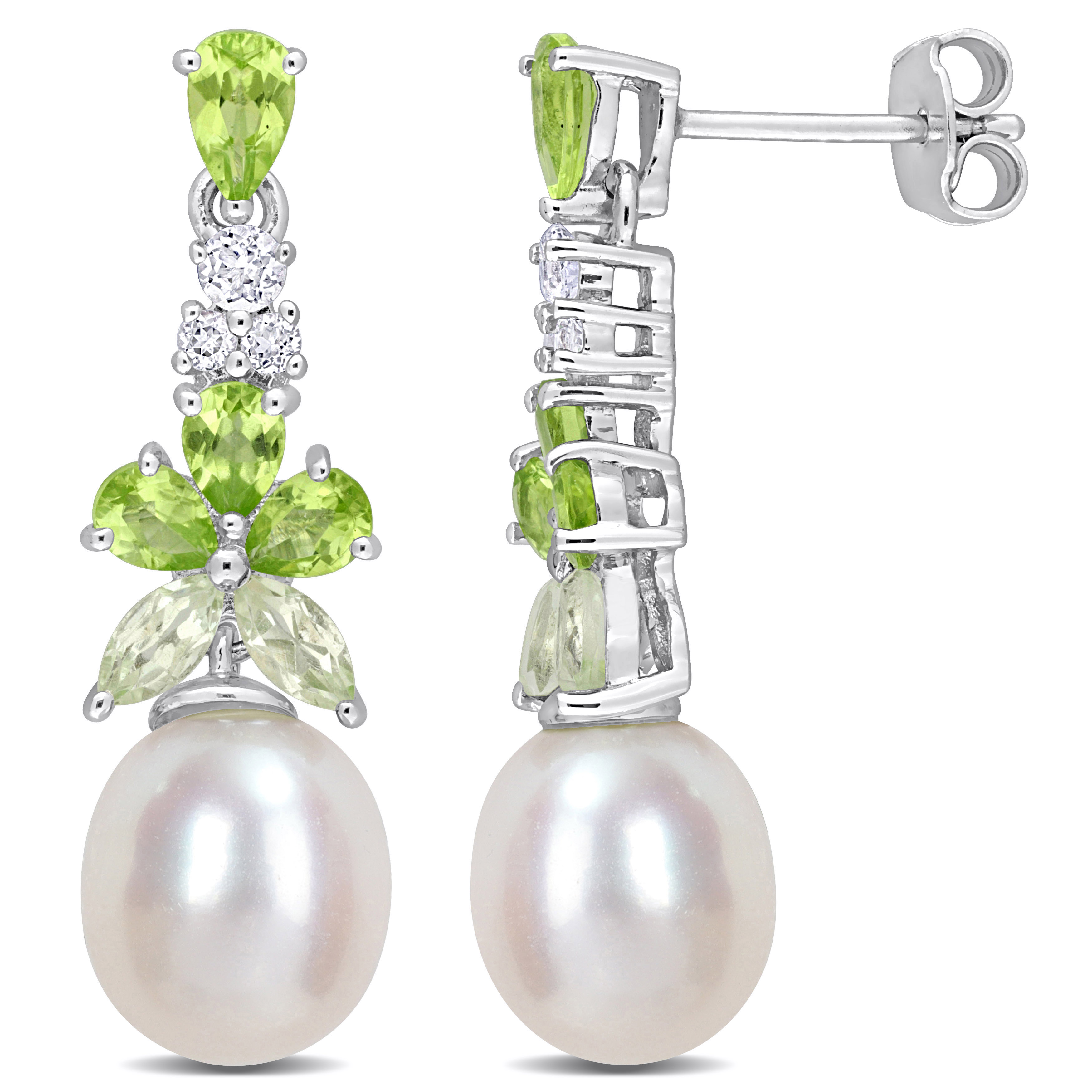 8.5-9 MM Cultured Freshwater Pearl 2 1/4 CT TGW Marquise Green Quartz Pear-Shape Peridot and White Topaz Drop Earrings in Sterling Silver