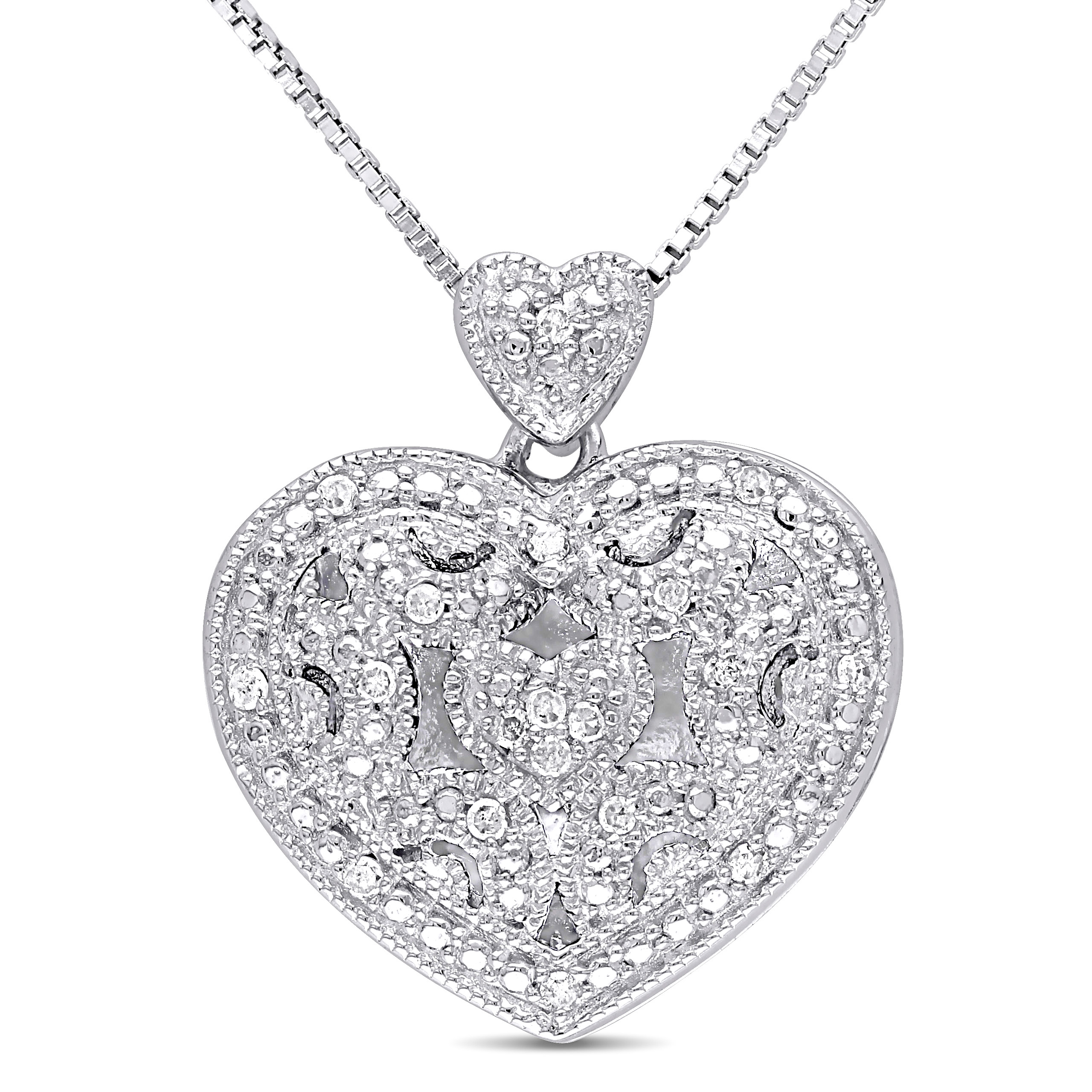 1/10 CT TW Diamond Heart Locket Pendant with Chain in Sterling Silver - 18 in