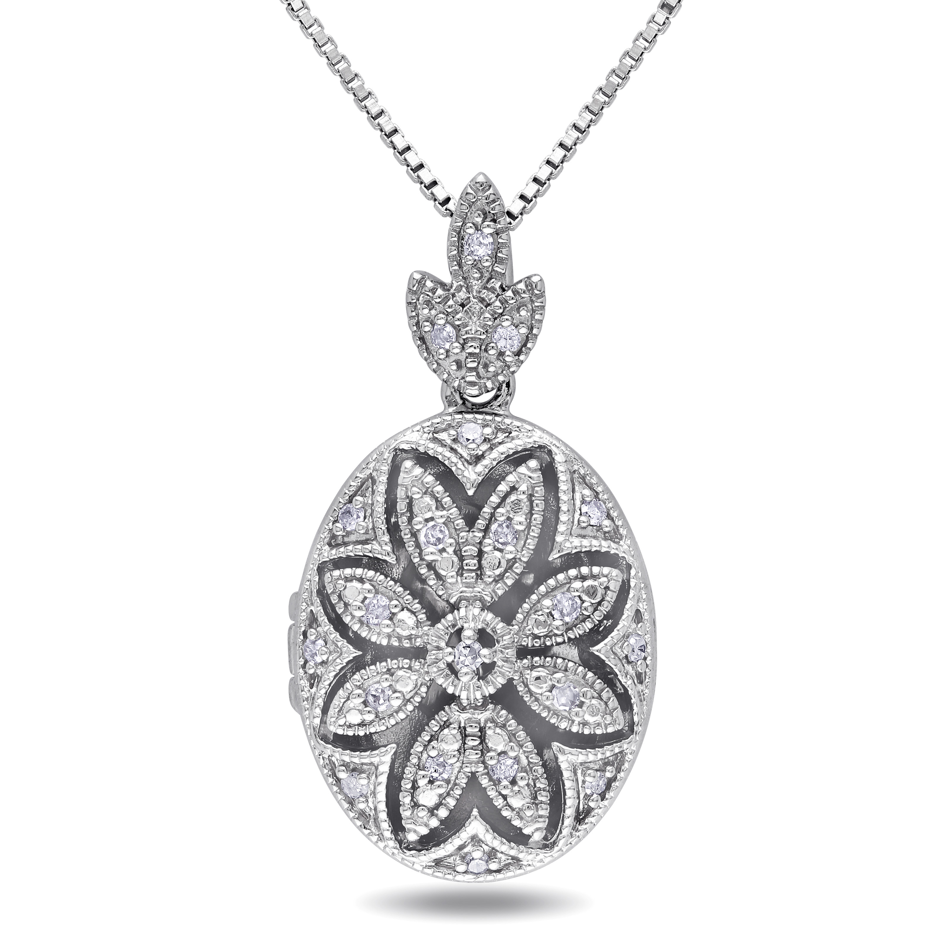 1/10 CT TW Diamond Floral Locket Pendant with Chain in Sterling Silver - 18 in