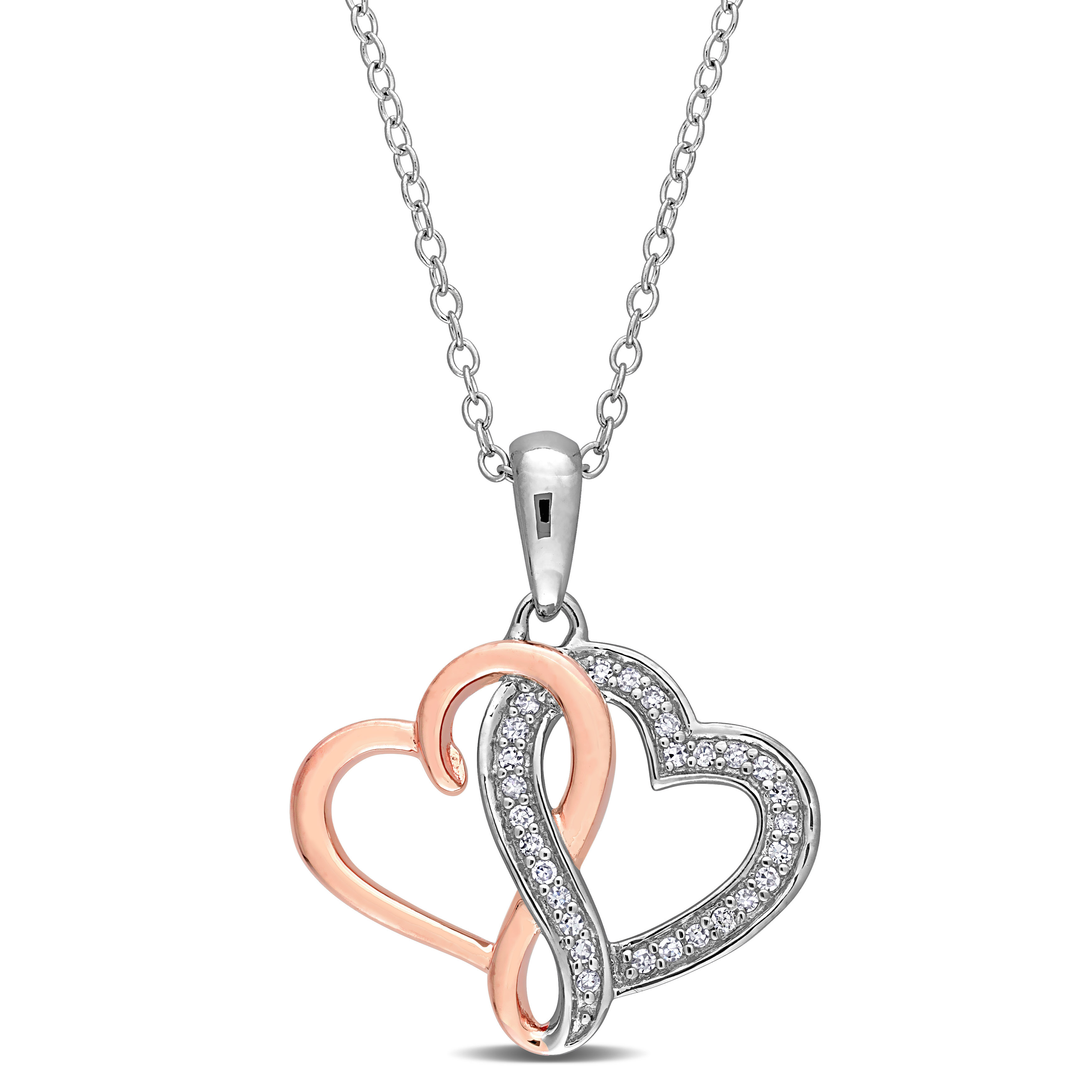 1/7 CT TW Diamond Interlocking Heart Pendant with Chain in 2-Tone Pink and White Sterling Silver