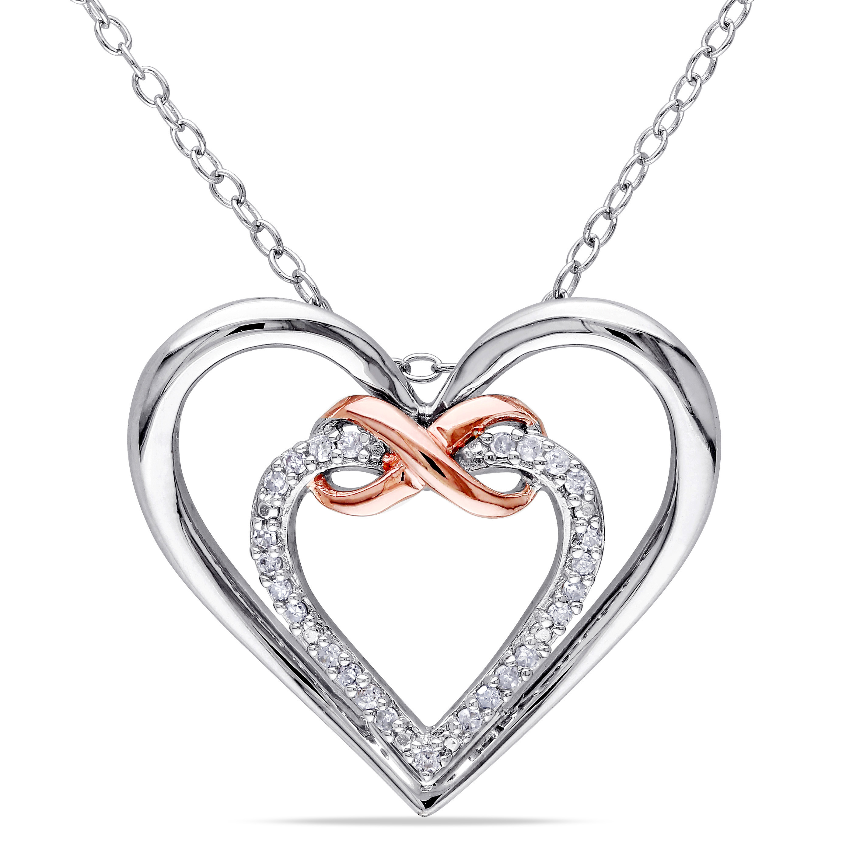 1/10 CT TW Diamond Infinity Heart Pendant with Chain in 2-Tone Pink and White Sterling Silver - 18 in.