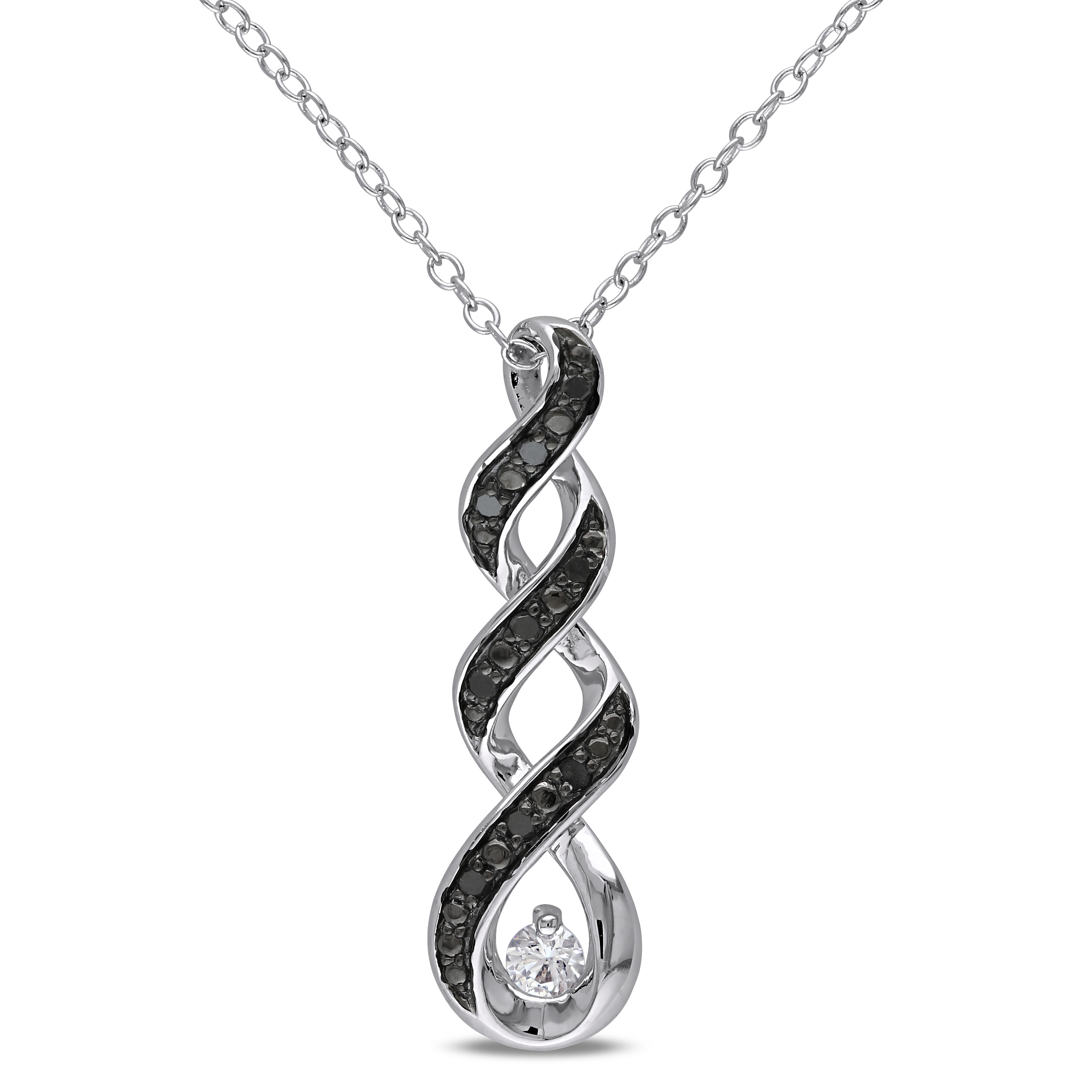 1/6 CT TGW Created White Sapphire and 1/10 CT TW Black Diamond Twist Pendant with Chain in Sterling Silver with Black Rhodium