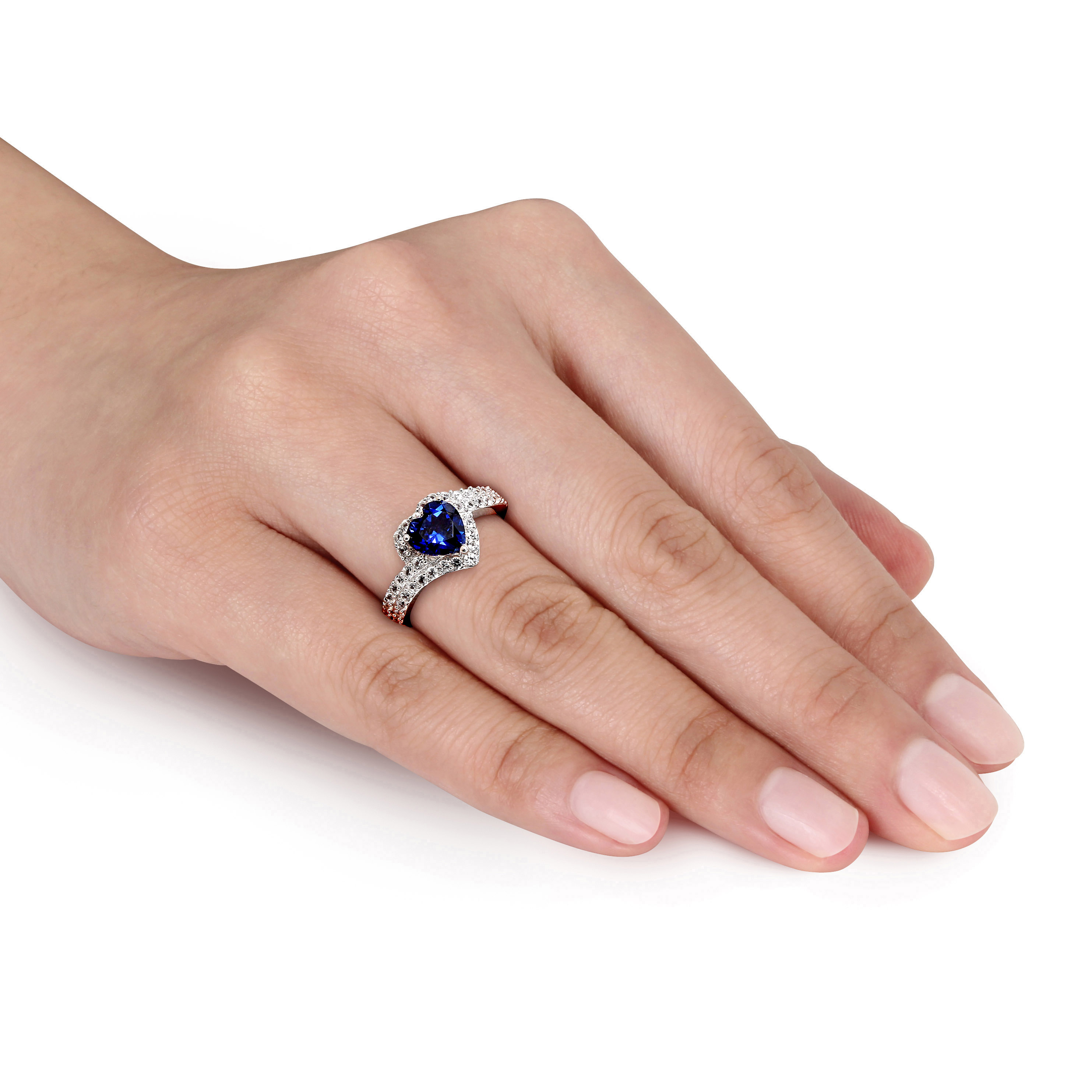 Created Blue and Created White Sapphire Heart Halo Double Row Ring in Sterling Silver