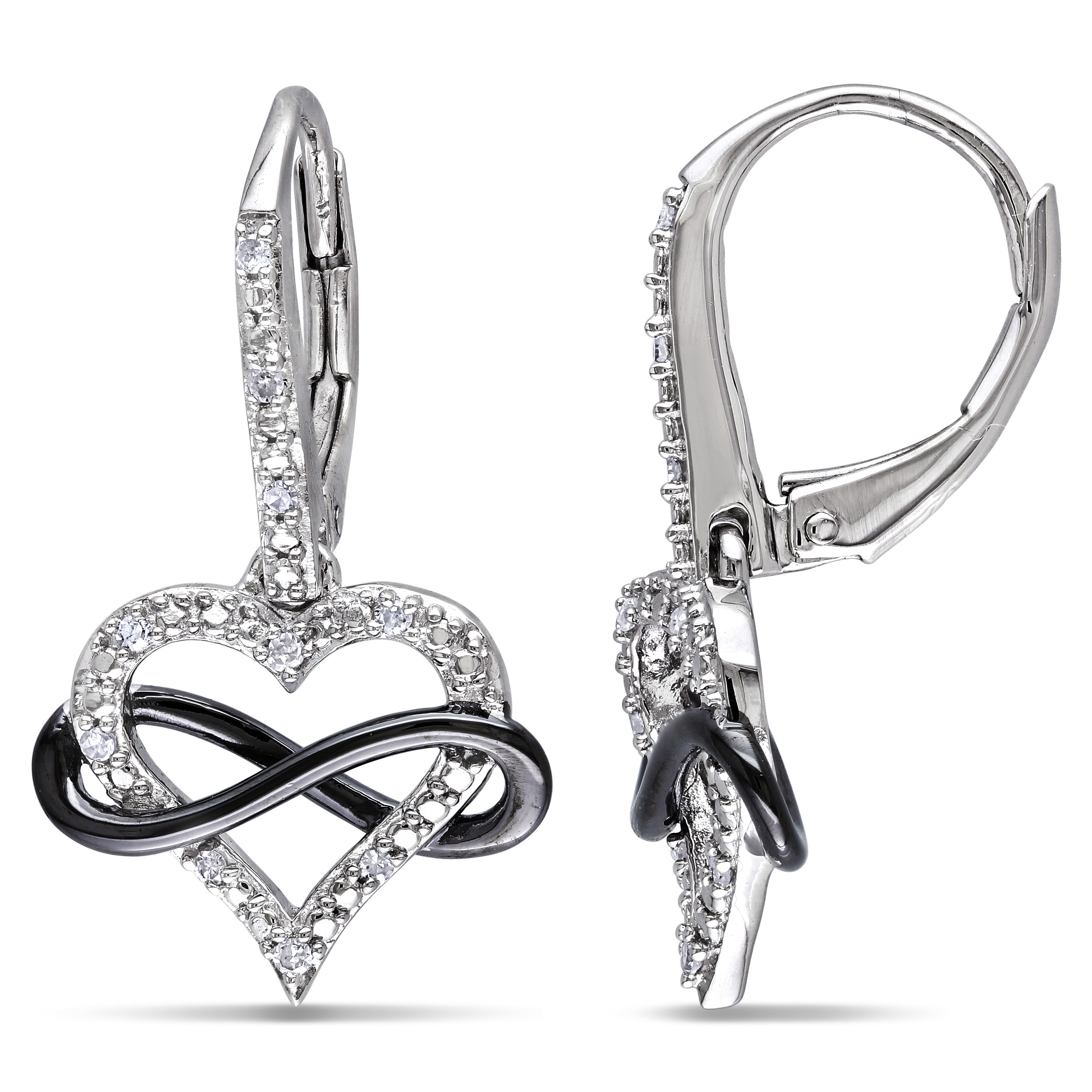 1/10 CT TW Diamond Infinity Heart Leverback Earrings in Sterling Silver with Black Rhodium