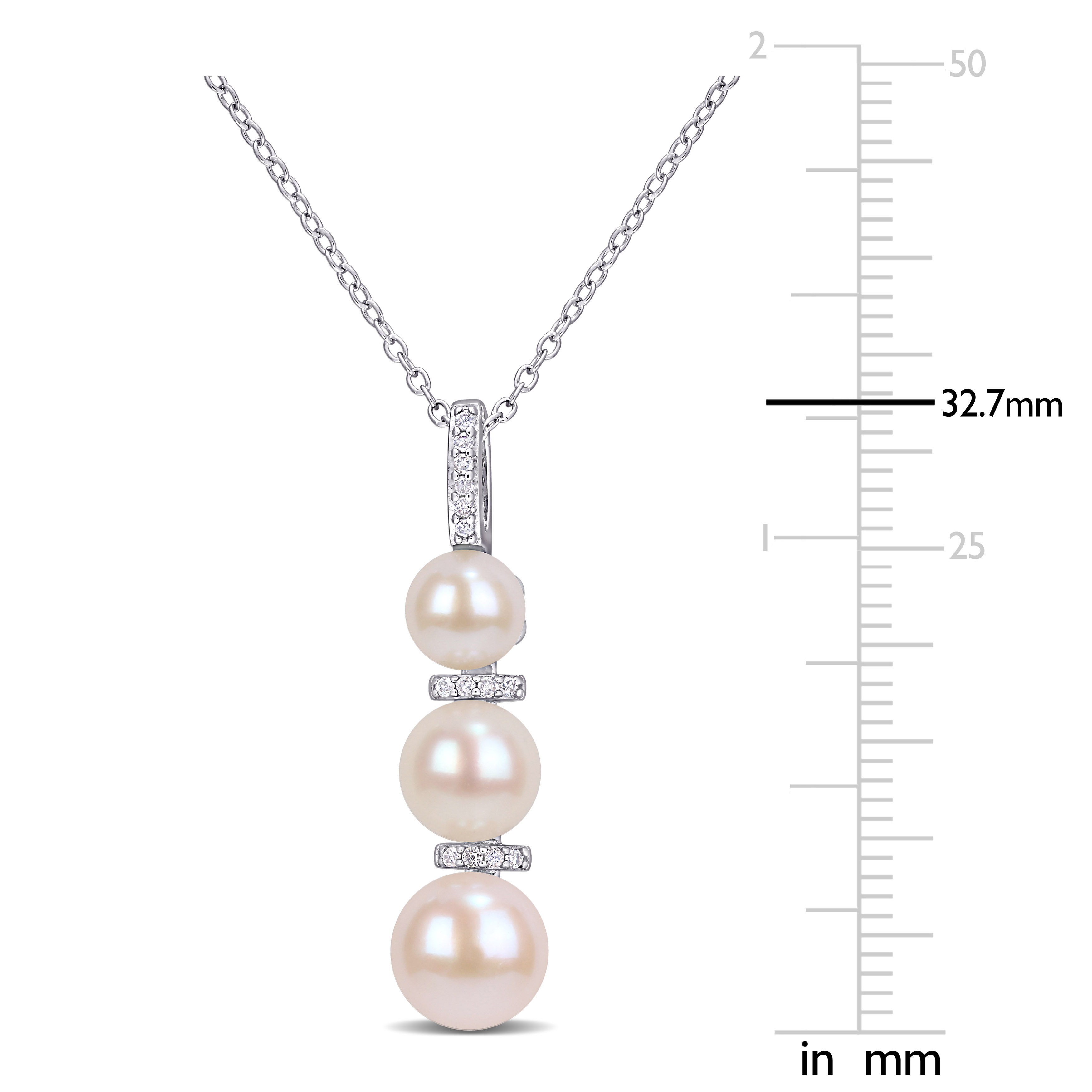 White Cultured Freshwater Pearl and Diamond Drop Pendant with Chain in Sterling Silver - 18 in