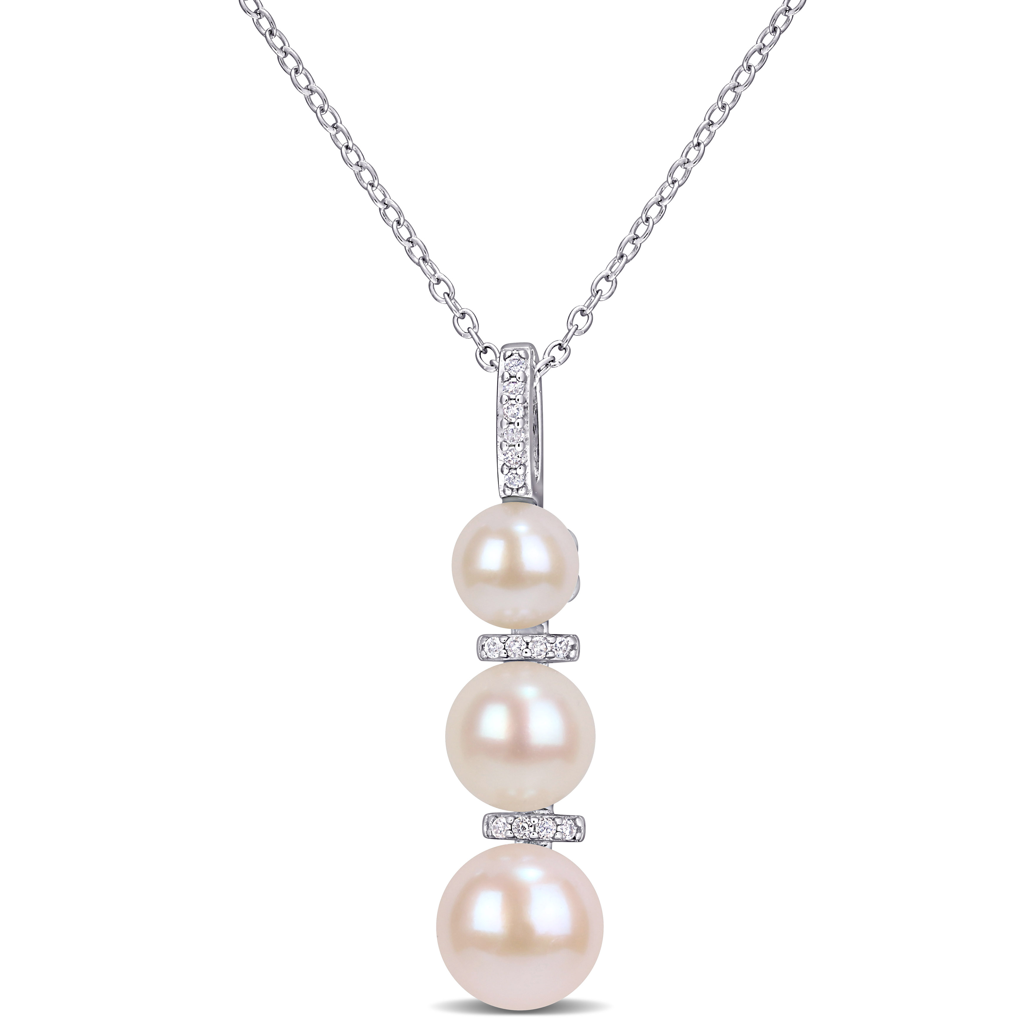 White Cultured Freshwater Pearl and Diamond Drop Pendant with Chain in Sterling Silver - 18 in