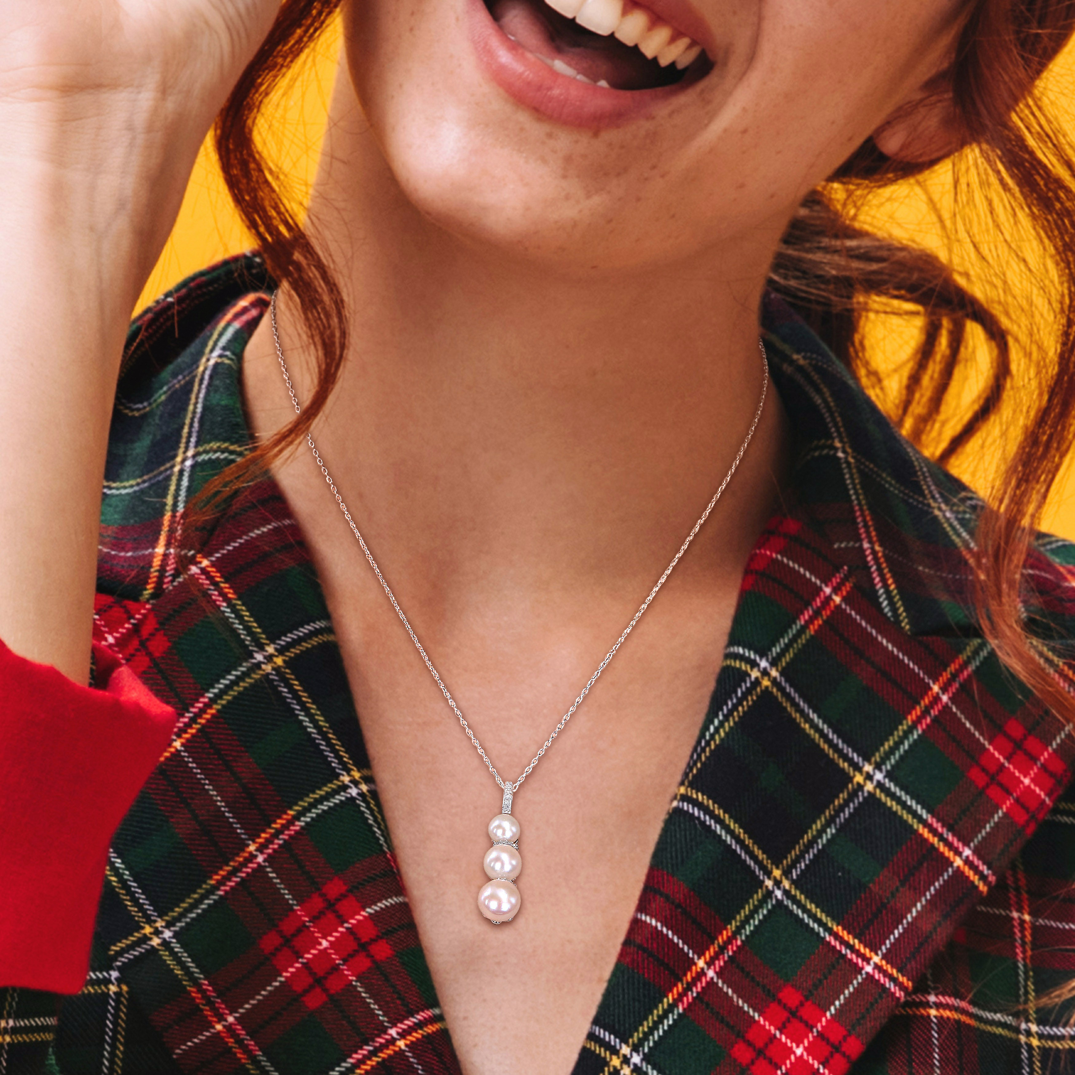 White Cultured Freshwater Pearl and Diamond Drop Pendant with Chain in Sterling Silver - 18 in