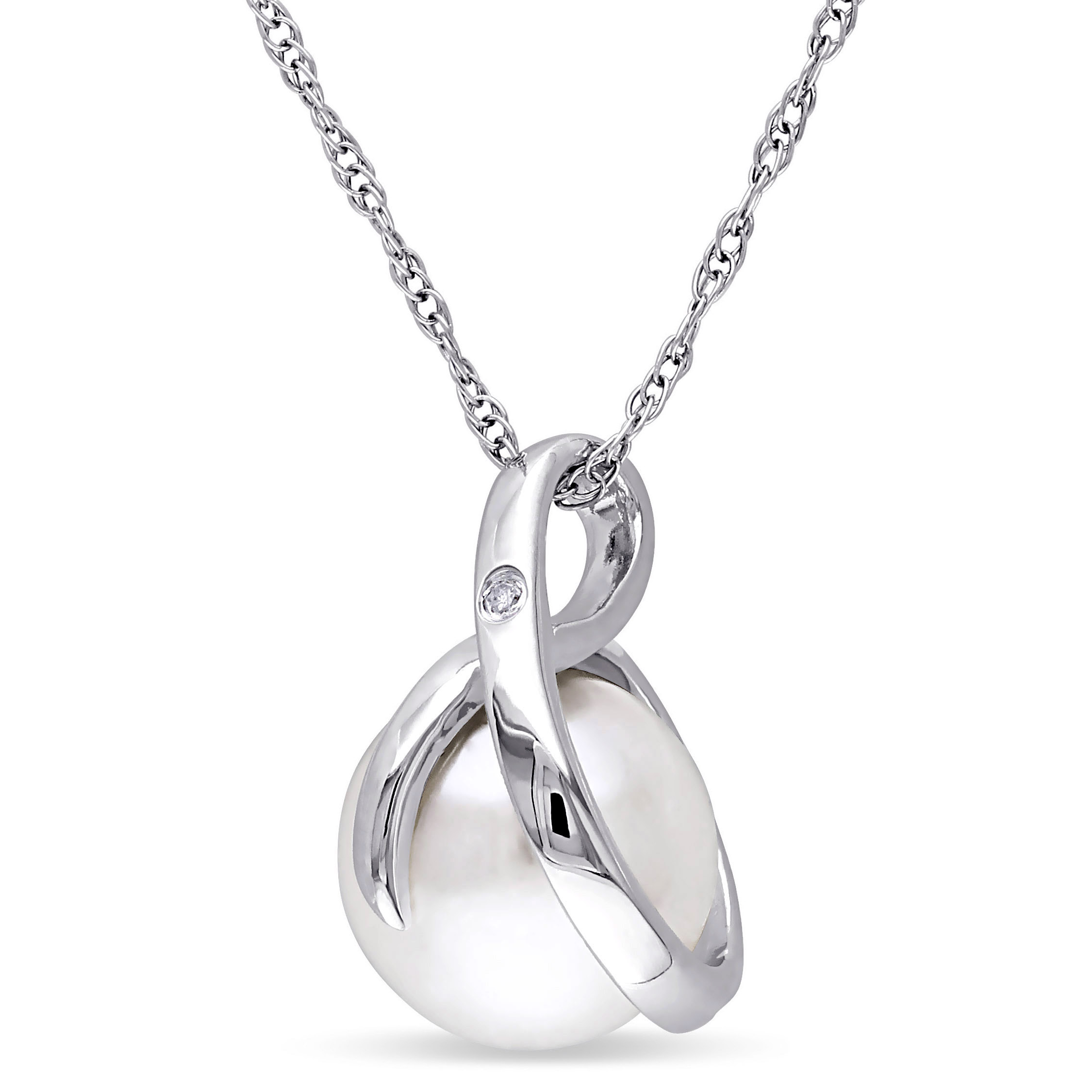 8 - 8.5 MM Cultured Freshwater Pearl and Diamond Swirl Pendant with Chain in 10k White Gold