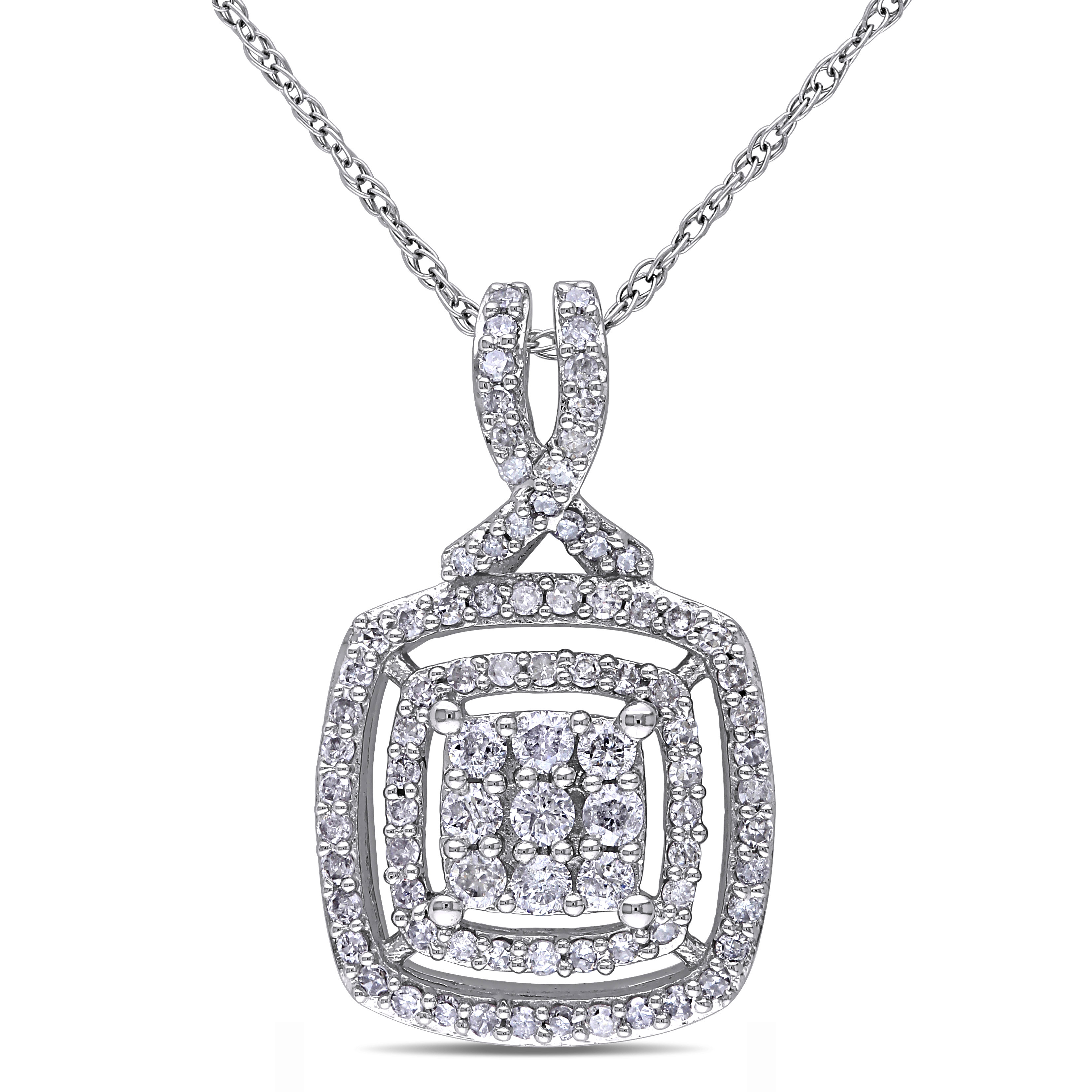 1/2 CT TW Diamond Square Pendant with Chain in 10k White Gold