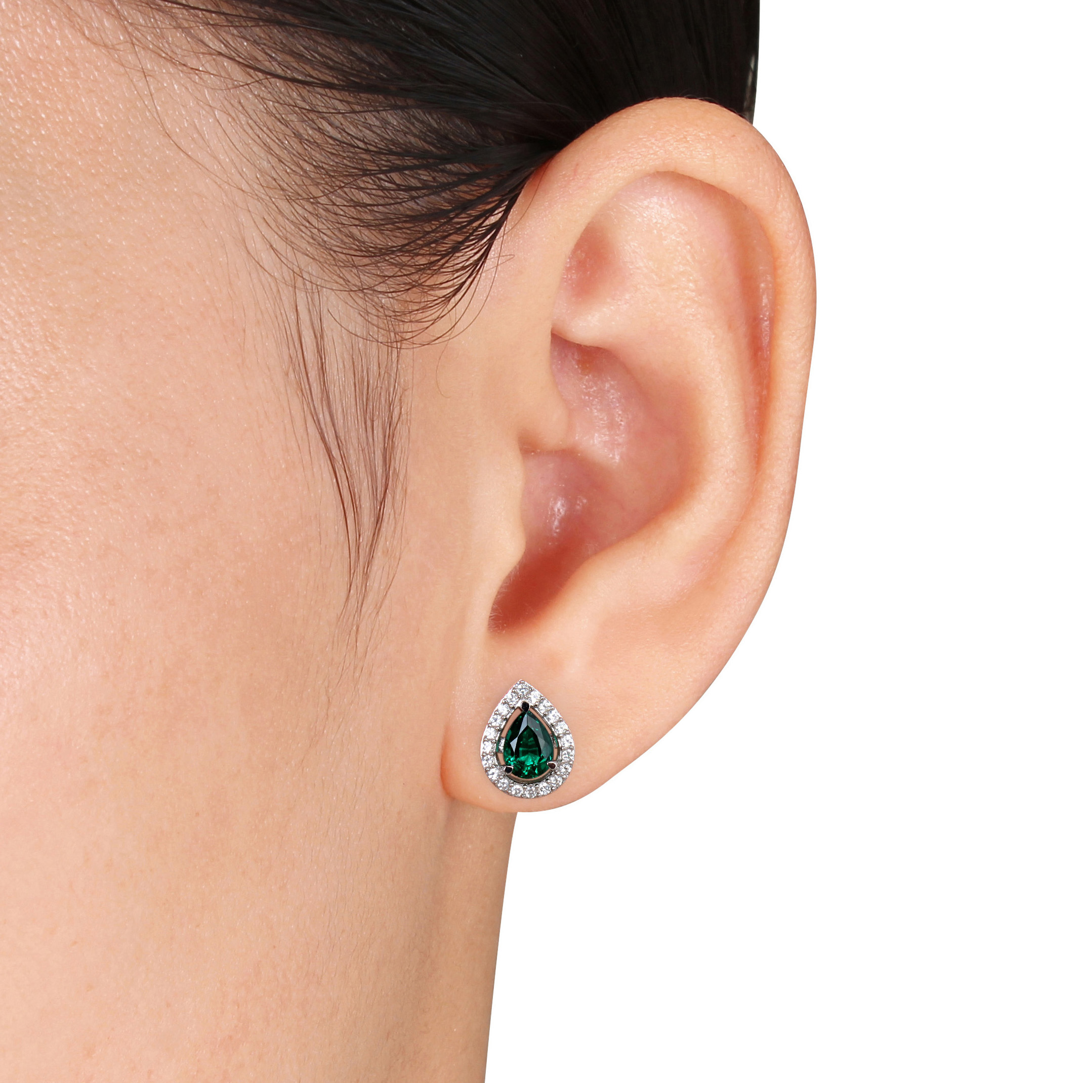 Created Emerald and White Sapphire Teardrop Earrings in Sterling Silver