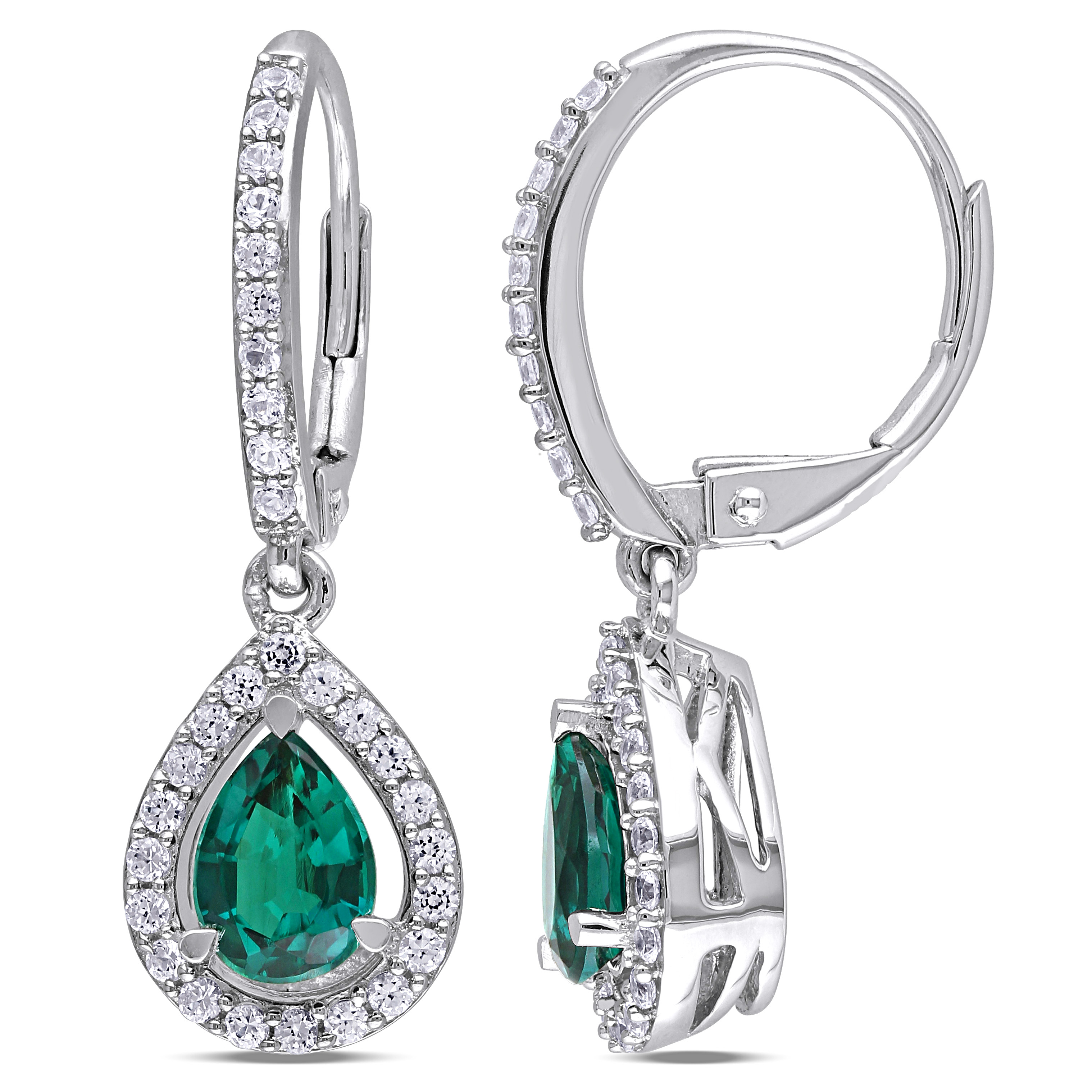 1 7/8 CT TGW Created Emerald and White Sapphire Teardrop Leverback Earrings in Sterling Silver