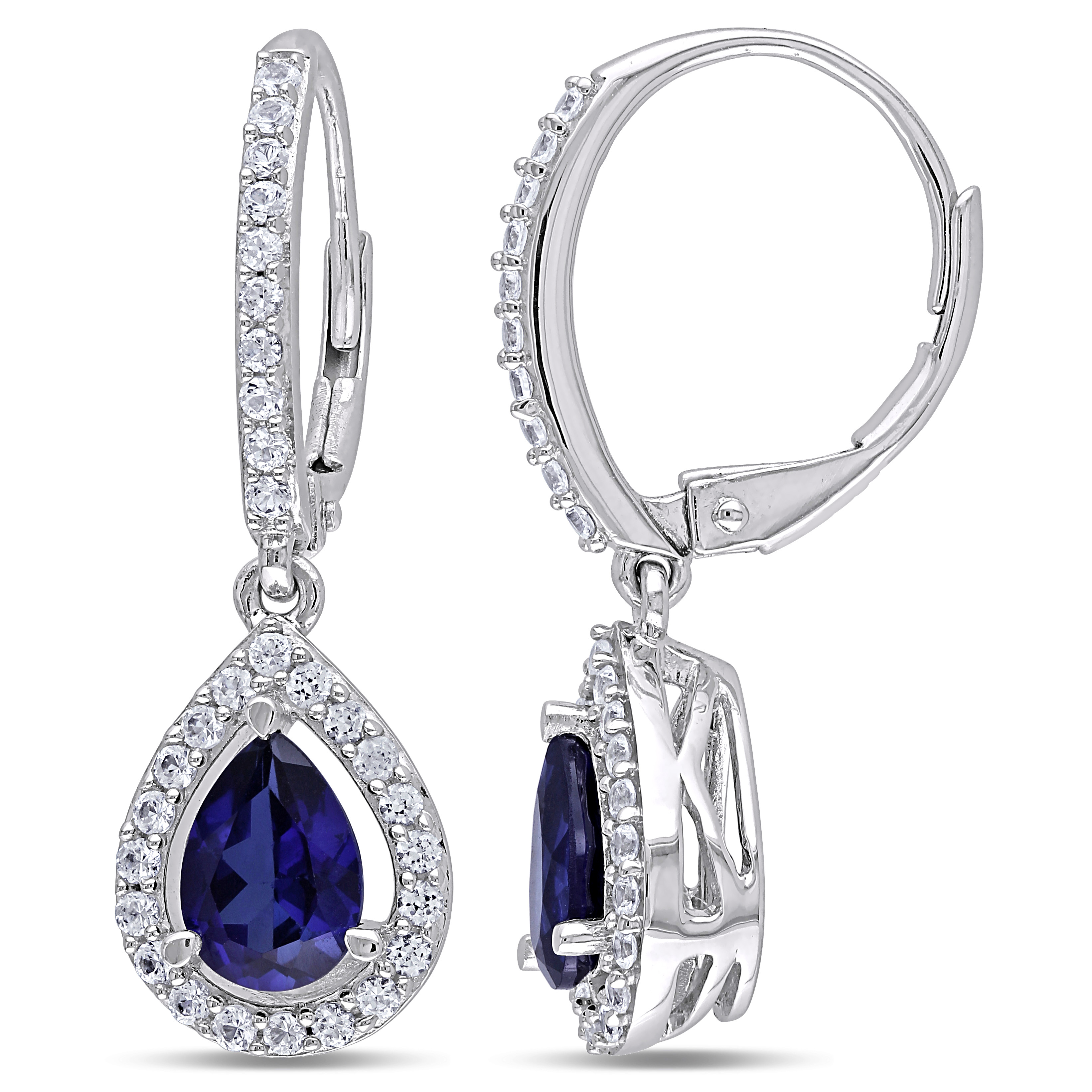 2 7/8 CT TGW Created Blue and White Sapphire Teardrop Leverback Earrings in Sterling Silver