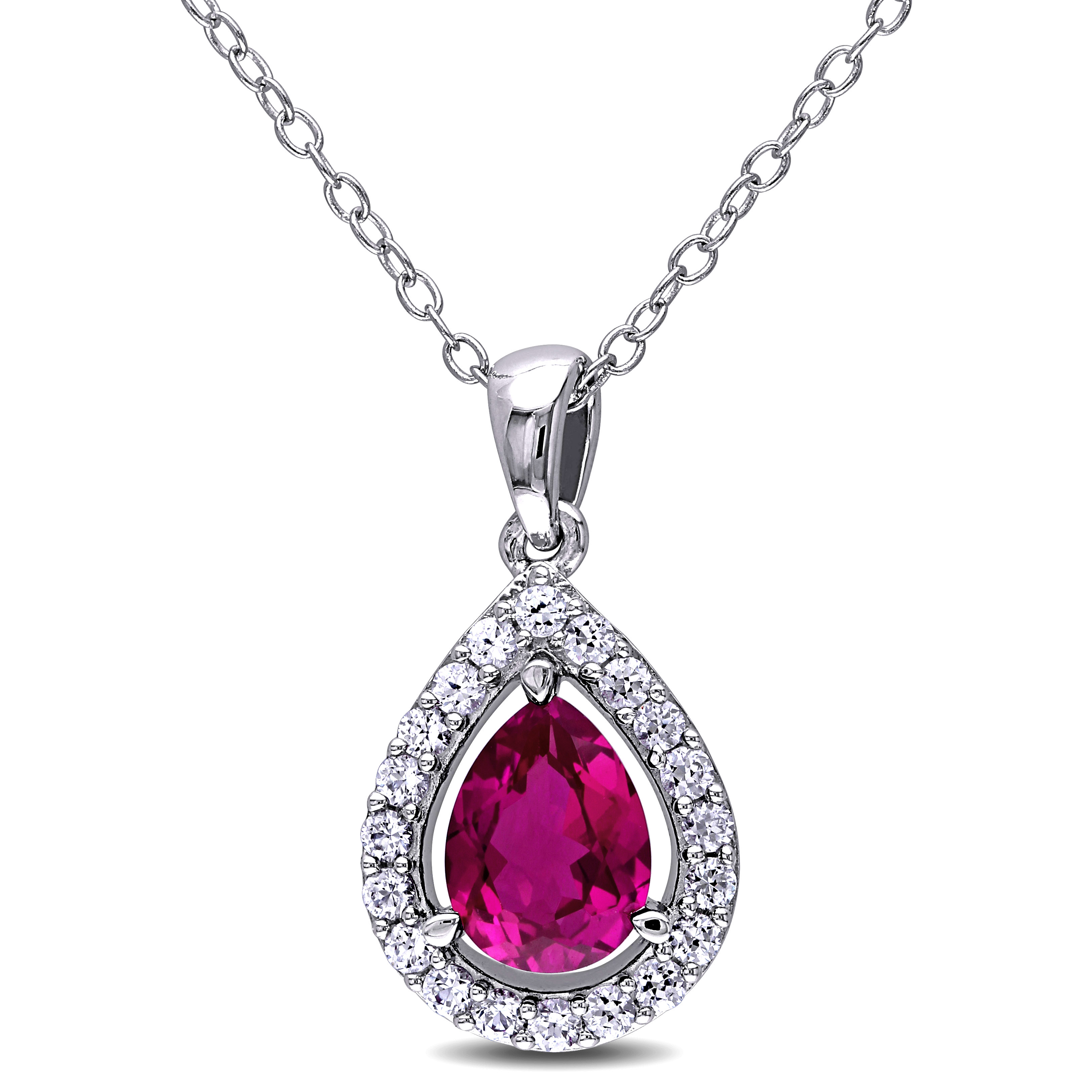 Created Ruby and Created White Sapphire Teardrop Halo Pendant with Chain in Sterling Silver - 18 in.