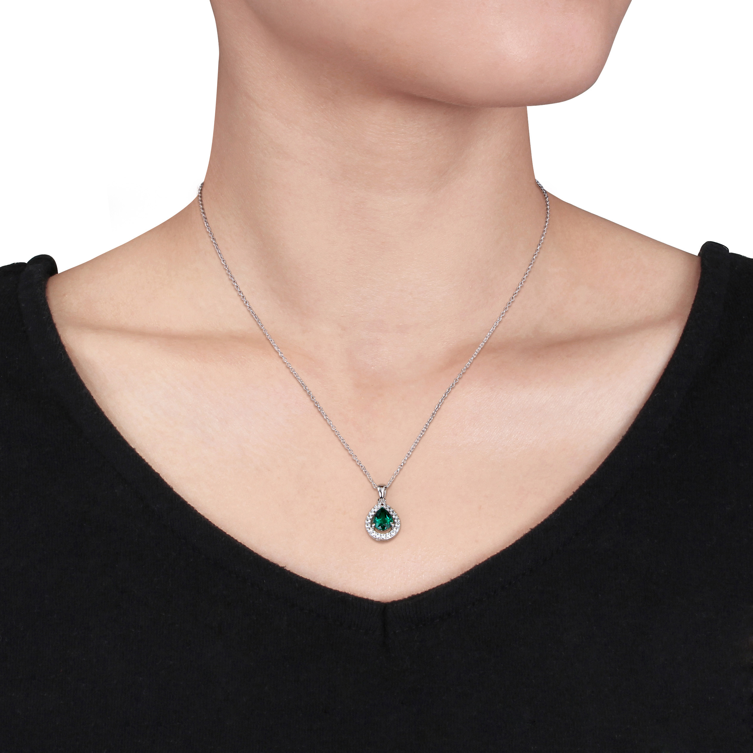 Created Emerald and Created White Sapphire Teardrop Halo Pendant with Chain in Sterling Silver - 18 in.