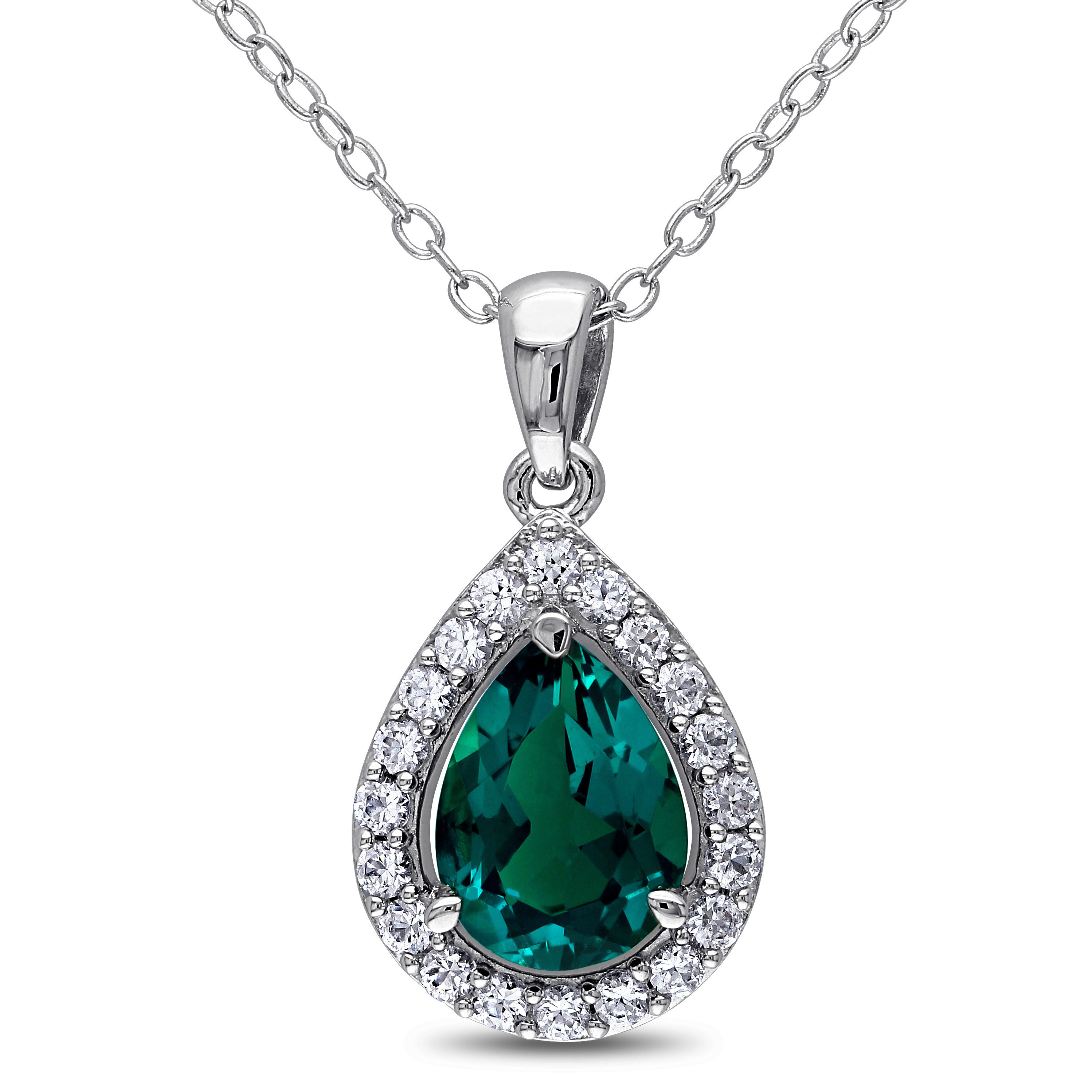 Created Emerald and Created White Sapphire Teardrop Halo Pendant with Chain in Sterling Silver - 18 in.