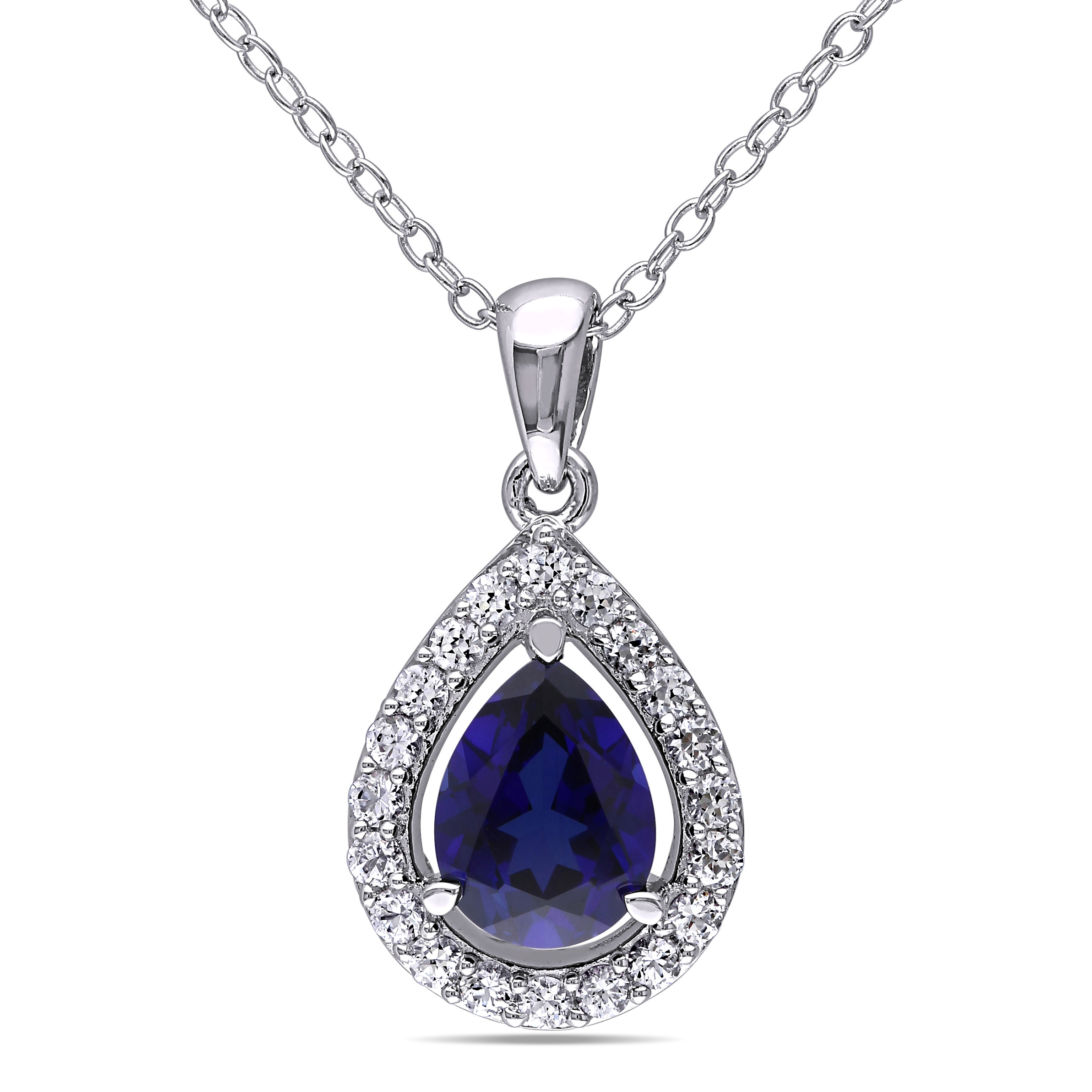 Created Blue and Created White Sapphire Teardrop Halo Pendant with Chain in Sterling Silver - 18 in.